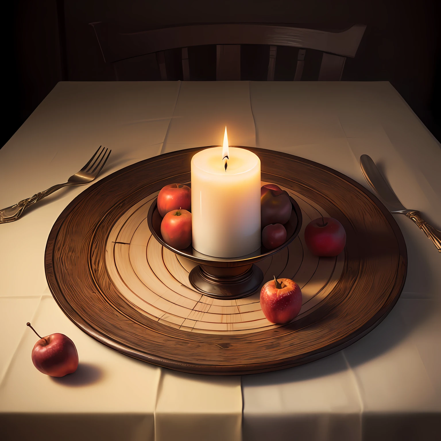 Still life close-up，Dark tone，A realistic vintage wooden table with a pleated tablecloth，Candlestick fruits are on display