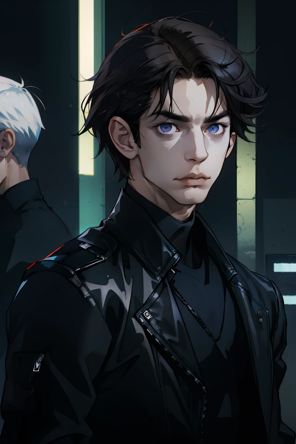 (absurdes, ah high, ultra detialed), ciberpunk, 1 male, 独奏, youth, dark colored hair, Short Hair Hair, dark grey eyes, Young guy, tall muscular guy, wide shoulders, beutiful, forehead, angular jaw, thick neck, ciberpunk, Neon lights in the background, upper-body, The entire upper body is visible, leather jacket, teenaged, gaze at the viewer,
