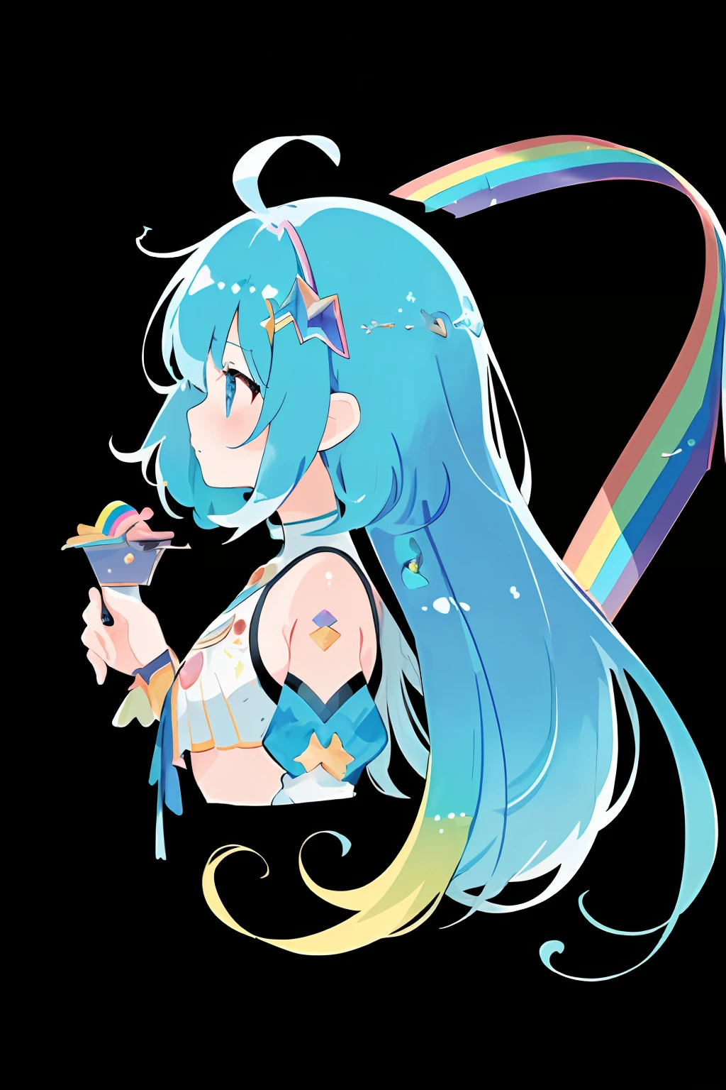 ((extremelydetailedCG)),((8K_Wallpaper)),(((masutepiece))),((top-quality)),watercolor paiting_(Medium),((Beautiful detail starry sky)),both sexes, cinmatic lighting,Princess,very long iridescent hair,from side view,LookingATVIEWER,fullllbody,frilld,(Far from the viewer),((Highly detailed facial)),((Very delicate and beautiful girl)),((extremely detailed cute anime face)),((Very detailed eyes)),(((extra detailed body))),(ultra-detailliert),Illustration,((bare stomach)),((Bare shoulders)),smallbreast,((sideboob barbosa)),((((Floating and rainbow hair)))),(((Iridescence and rainbow hair))),(((Very detailed clothes))),((((Rainbow and iridescent colors)))),(Rainbow colors and rainbow eyes),Beautiful detail hair,Beautiful fece,dramaticangle,(big top sleeves),frilld,blush,(Ahoge)