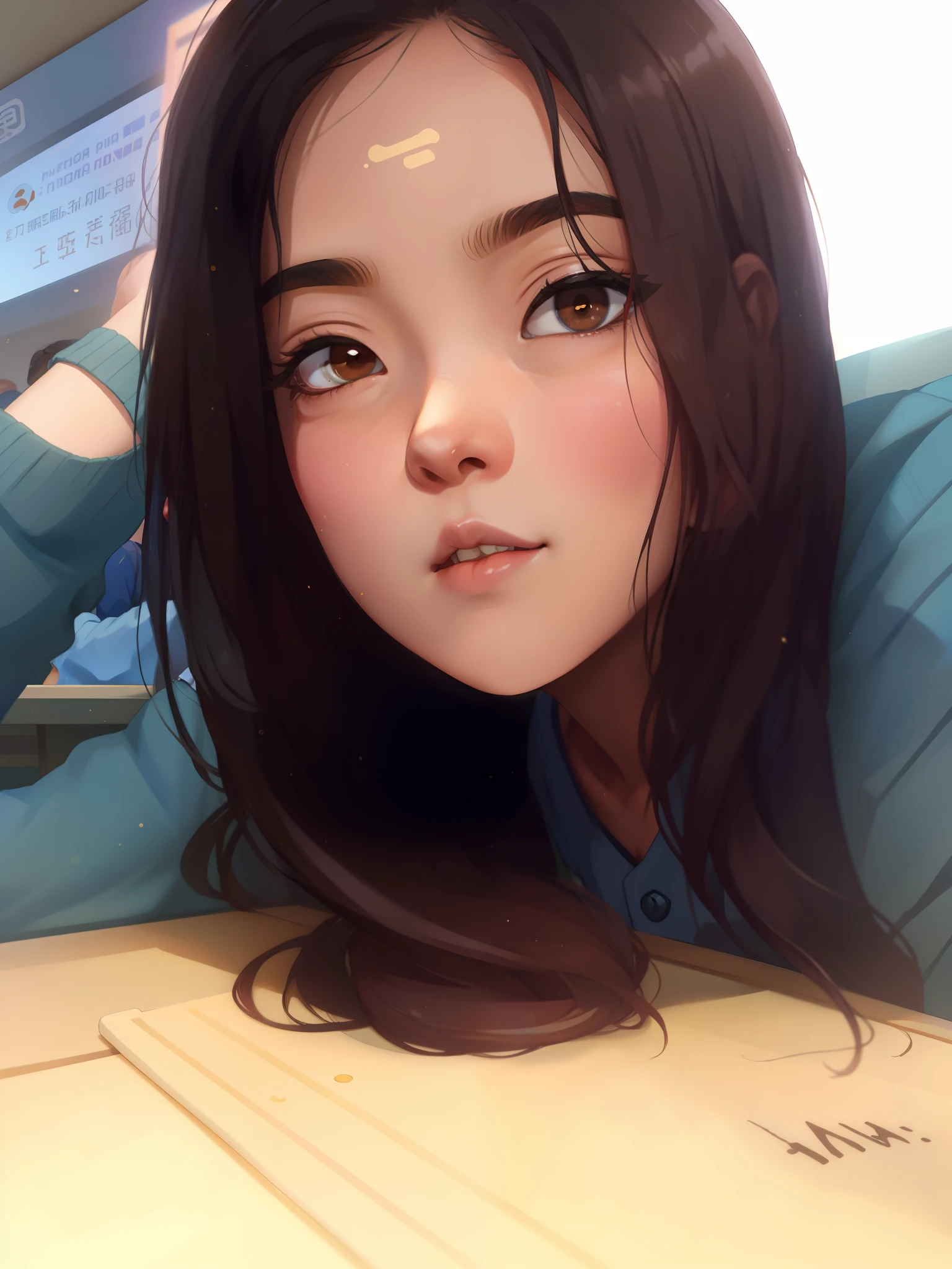 there is a woman sitting at a table with a cell phone, nivanh chanthara, south east asian with round face, xintong chen, dang my linh, 1 8 yo, xision wu, 2 7 years old, 2 8 years old, wenfei ye, mai anh tran, with accurate face, 2 2 years old