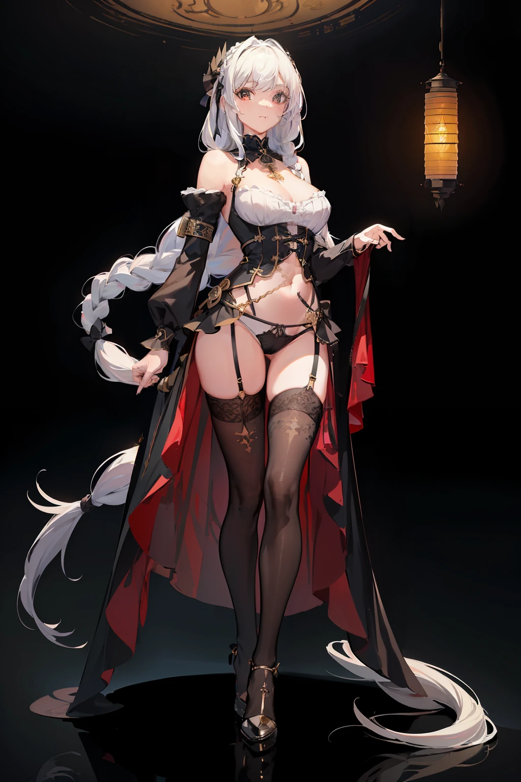 Sketch,(masterpiece:1.5),(bestquality),highlydetailed,ultra-detailed,solo,(1girl),(black legwear),(braid),(high heels),(lantern),(long hair),(looking at viewer),(pelvic curtain),(standing),(thighhighs),(weapon),(white hair)