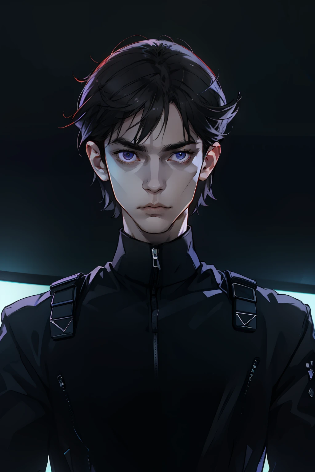 (absurdes, ah high, ultra detialed), ciberpunk, 1 male, 独奏, youth, Young guy,  tall muscular guy, skinny shoulders, beutiful, dark colored hair, Short Hair Hair, dark grey eyes, forehead, angular jaw, Thin neck,  ciberpunk, Neon lights in the background, upper-body, The entire upper body is visible, leather jacket, teenaged, gaze at the viewer,