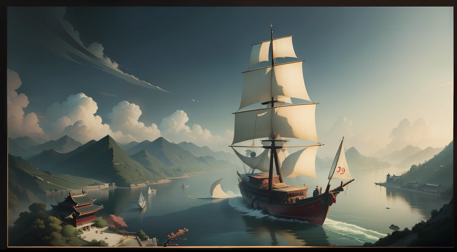 chinese style painting, The lonely sail is far away, Only see the skyline of the Yangtze River。, Classicism