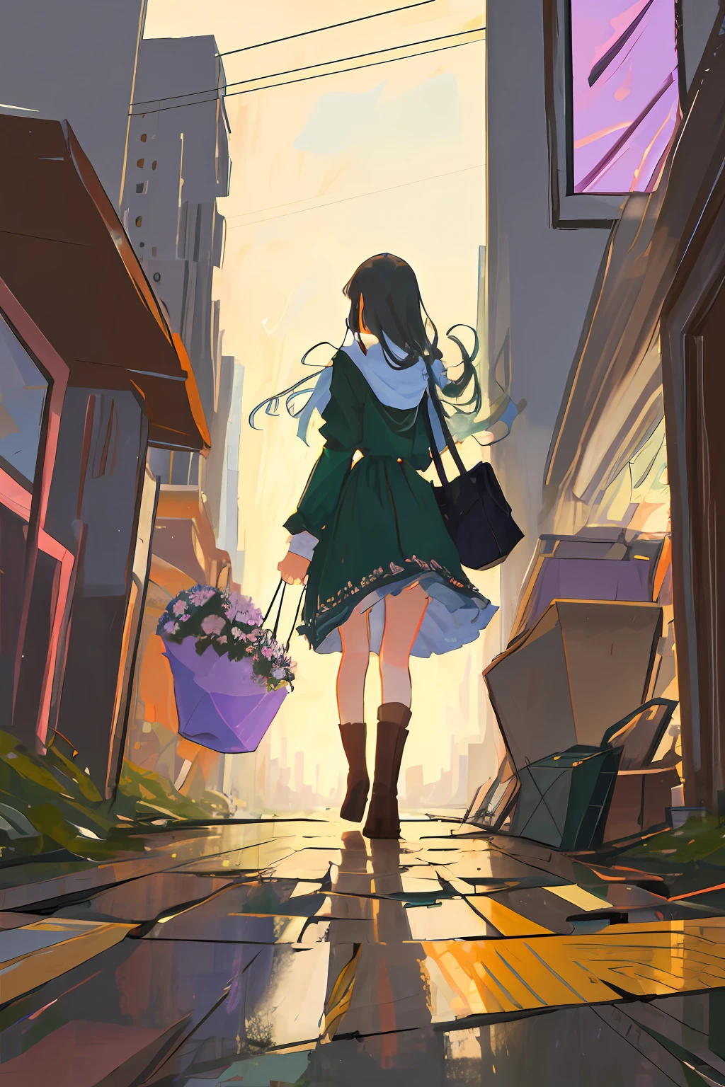 A girl fleeing from a broken city holds clematis flowers