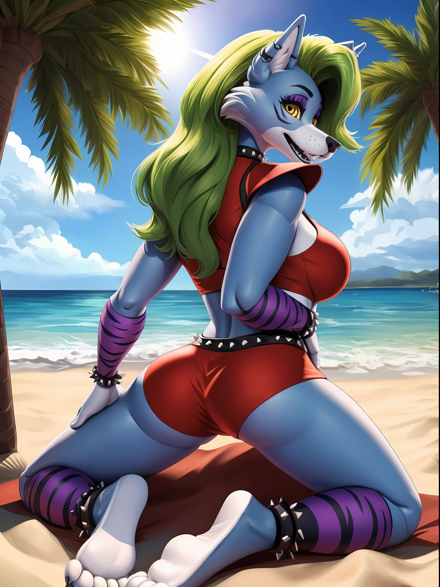 ((best quality)), ((Meisterwerk)), ((anatomisch korrekt)), ((Ultra-detailliert)), Sanftes Licht, detailliertes Gesicht, von Personalami, Anthro, pelzig, Fnafroxanne, FNAF, Roxanne Wolf, Animatronic, mid large breasts, am Strand, keine Kleidung, nackt, happy, Detailliert , detailliert vaginal, yellow eyes, ((Detaillierte Augen)), full-body, Weiblich, mager weiblich, looks happy, (Detailliert), flauschig, fotorealistisch, detailliertes Fell, ((auf den Sand liegend)), ((back view)), ((laying on stomach)), ((Schwanz richtige Position)), five fingers