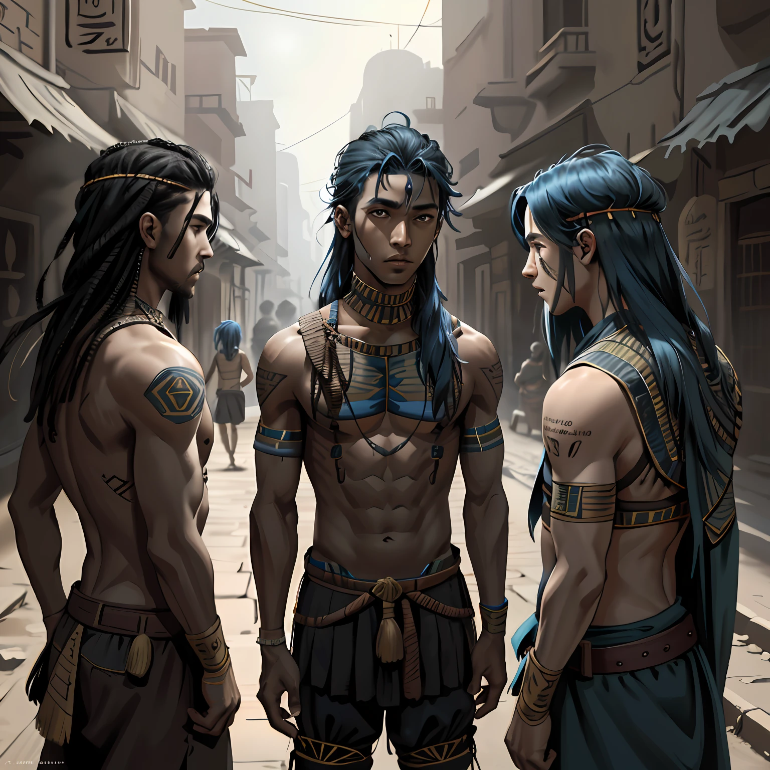 A group of 3 friends  and 14 are rmed in a defensive position in the war years, They are talking about how to defend themselves from the enemy army when they invade the city 14 years hair, The 14-year-old boy wh sght h with his back uncovered and his chest bare but dressed in typical clothes of ancient Egypt with dark skin walking lost through the different streets of a city is noon. doferentes angulos mira la ciudad desde lo slto de una colina.