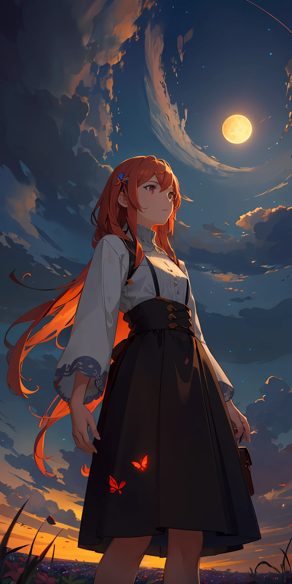 A wide landscape photo, (viewed from below, the sky is above, and the open field is below), a girl standing on a flower field looking up, (full moon: 1.2), (meteor: 0.9), (nebula: 1.3), distant mountains , Trees BREAK Crafting Art, (Warm Light: 1.2), (Firefly: 1.2), Lights, Lots of Purple and Orange, Intricate Details, Volumetric Lighting BREAK (Masterpiece: 1.2), (Best Quality), 4k, Ultra Detailed, (Dynamic Composition: 1.4), Rich in Detail and Color, (Rainbow Color: 1.2), (Glow, Atmospheric Lighting), Dreamy, Magical, (Solo: 1.2)