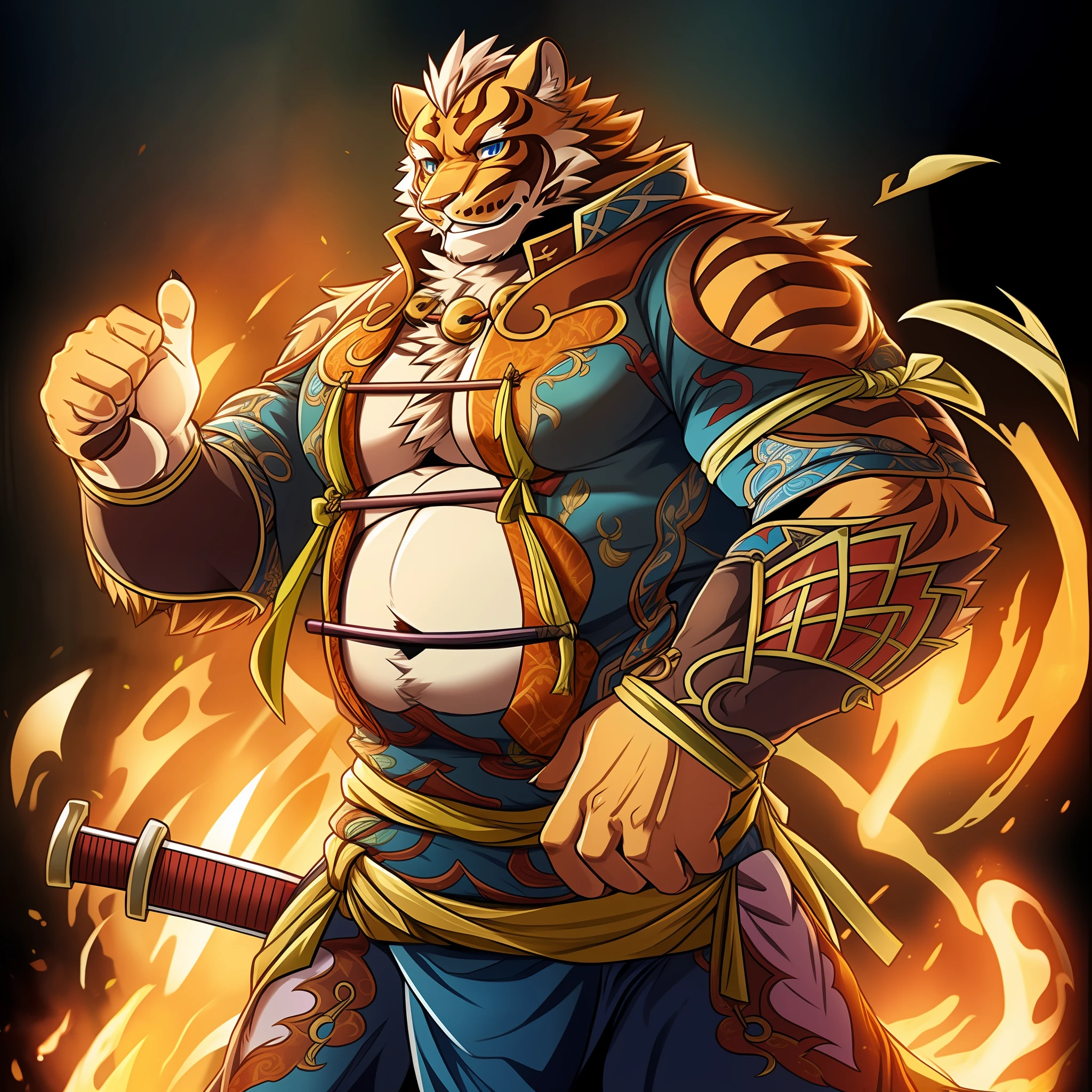 Lin Hu,musculature,tit,Fat Chubby,Wear a katana,potbelly,Plump and firm,Huge protrusions on the lower body,Wear a katana,Samurai style,carrying swords on his back,Five fingers,byself,Put your hands in your pockets