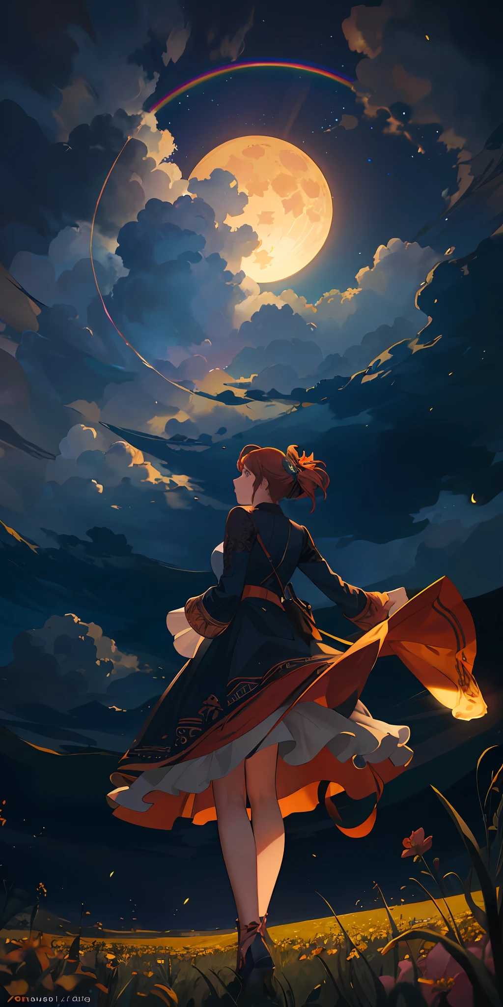 A wide landscape photo, (viewed from below, the sky is above, and the open field is below), a girl standing on a flower field looking up, (full moon: 1.2), (meteor: 0.9), (nebula: 1.3), distant mountains , Trees BREAK Crafting Art, (Warm Light: 1.2), (Firefly: 1.2), Lights, Lots of Purple and Orange, Intricate Details, Volumetric Lighting BREAK (Masterpiece: 1.2), (Best Quality), 4k, Ultra Detailed, (Dynamic Composition: 1.4), Rich in Detail and Color, (Rainbow Color: 1.2), (Glow, Atmospheric Lighting), Dreamy, Magical, (Solo: 1.2)