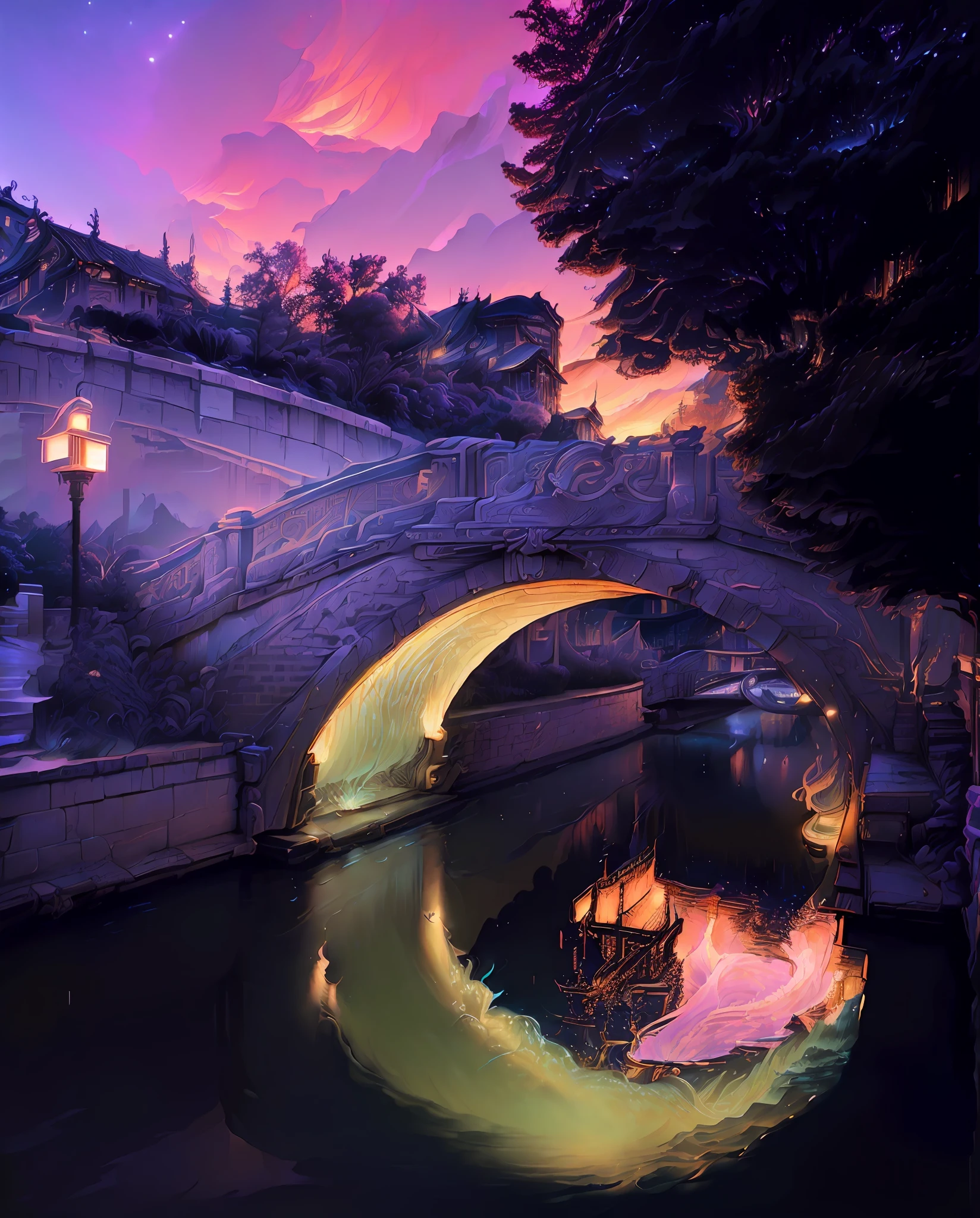 arafed bridge over a river with a light on it, by Patrick Ching, by Shen Che-Tsai, mesmerizing, golden hour in beijing, curved bridge, canals, early evening, canal, beautiful and aesthetic, in the evening, beautiful aesthetic, late evening, vibrant aesthetic, by Victor Wang, ( visually stunning, hdr photography, by Gang Hui-an