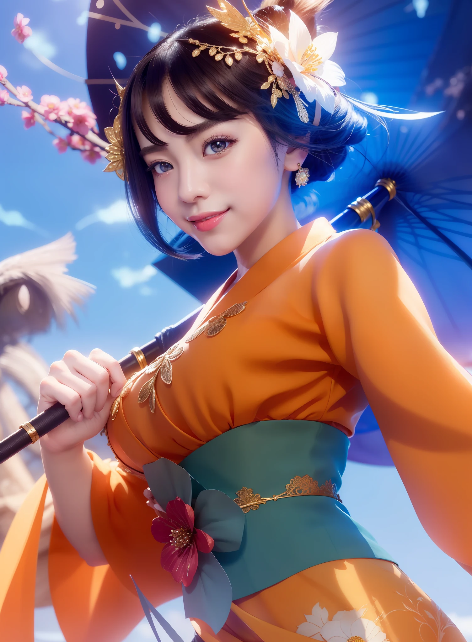 ((Best Quality, 4K, Masterpiece: 1.3)), (Detailed: 1.4), Reality, 1girl, a close up of a woman holding a umbrella and a hair ribbon, inspired by Pu Hua, extremely detailed artgerm, style artgerm, onmyoji detailed art, artgerm detailed, onmyoji, ! dream artgerm, onmyoji portrait, Big Breast, Huge Breast, Big Smile, perfect smile, beauty smile, perfecteyes, beauty eyes, big eyes, a woman with kimono Orange and obi, 4K, HD, Ultra Realistic, extremely detailed, tfft