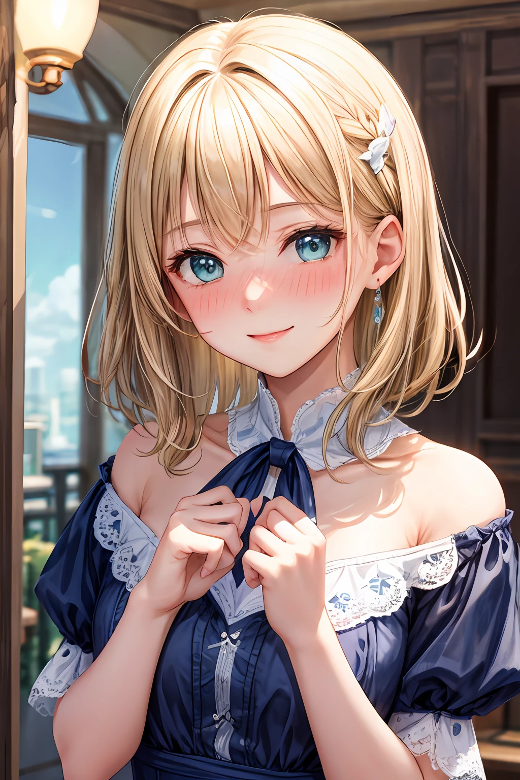 masterpiece, best quality, 1 girl, Olivia, blonde hair, aqua eyes, medium hair, blue dress with white lace, medium breasts, blush, light smile, Sexual arousal, nose blush