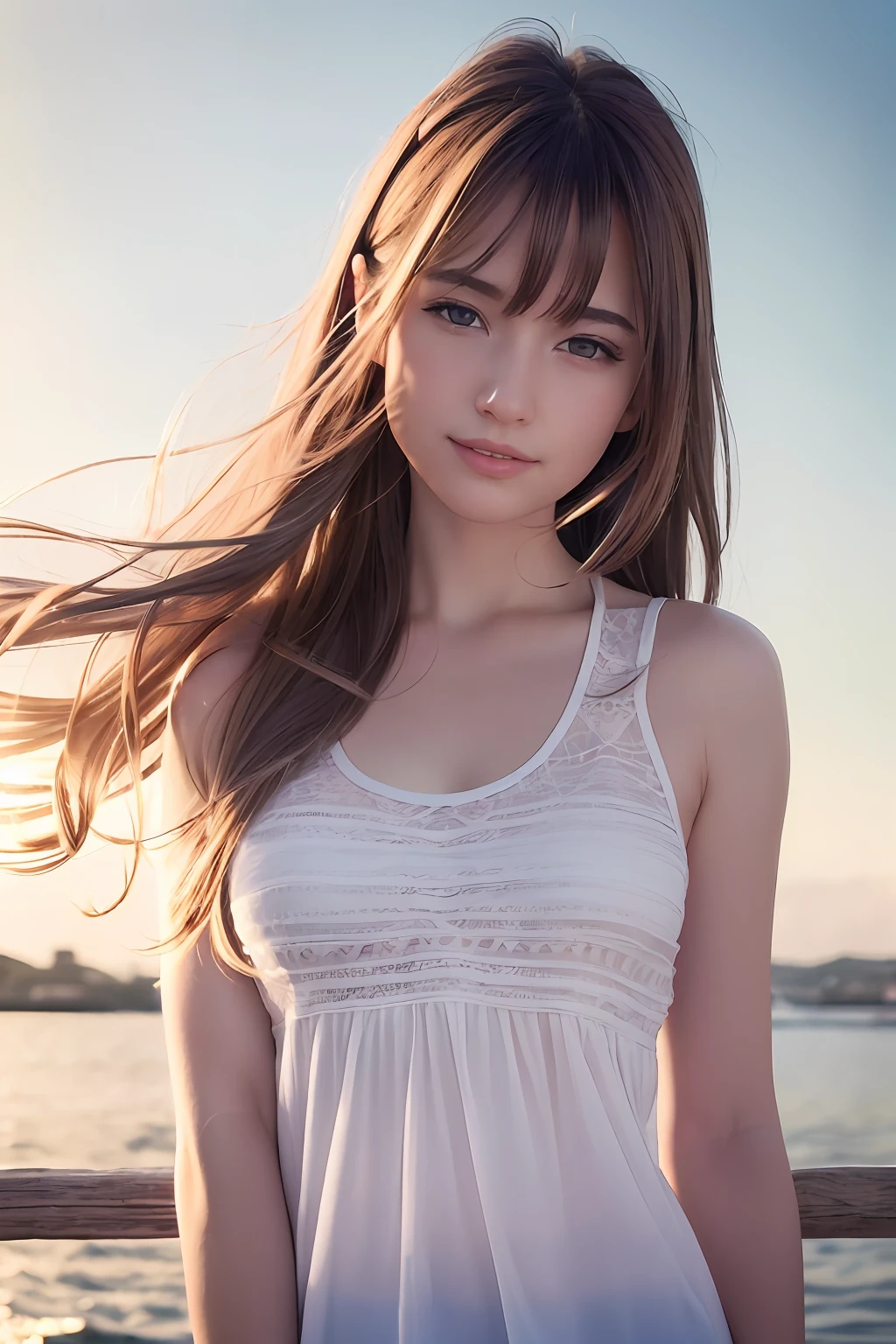 (8k, Best Quality, Masterpiece:1.2), (Realistic, Photorealistic:1.37), Ultra Detail, 1 Girl,Cute,Solo,Beautiful Detailed Sky,Date,(Blush),(Smile:1.15),(Closed Mouth)Small Breasts,Beautiful Detailed Eyes,(Long Hair: 1.2),Floating Hair NovaFrogStyle, Upper Body, Tank Top