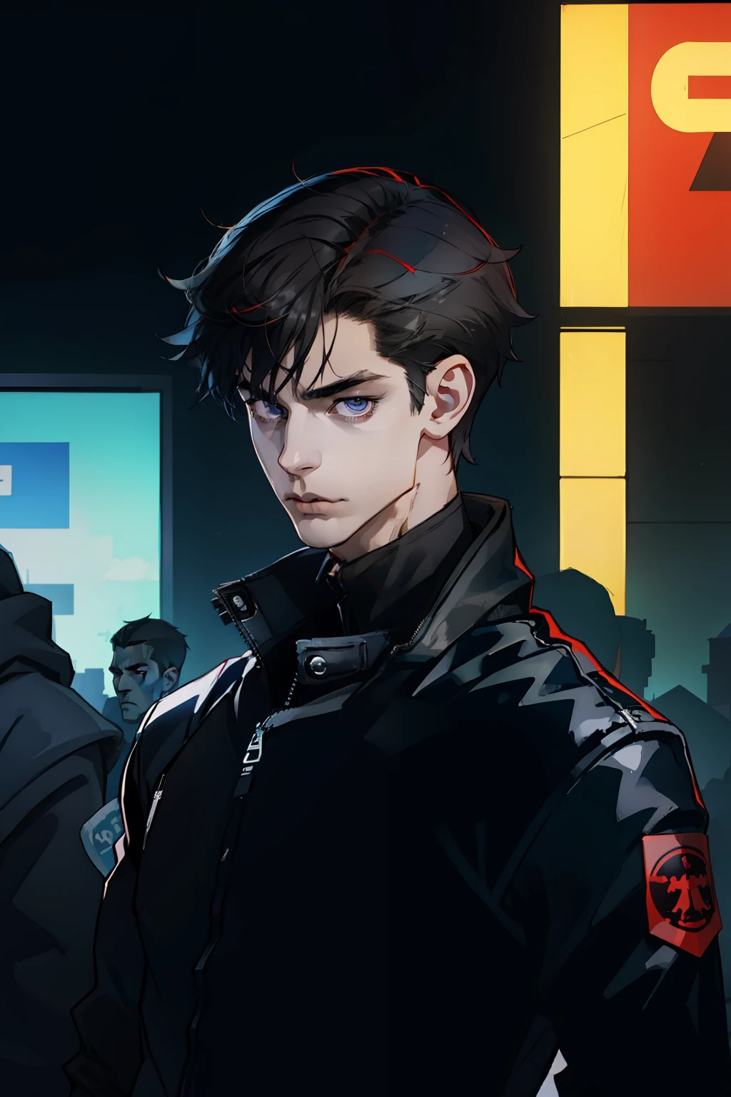 (absurdes, ah high, ultra detialed), ciberpunk, 1 male, 独奏, youth, Young guy,  tall muscular guy, skinny shoulders, beutiful, dark colored hair, Short Hair Hair, dark grey eyes, forehead, angular jaw, Thin neck,  ciberpunk, Neon lights in the background, upper-body, The entire upper body is visible, leather jacket, teenaged, gaze at the viewer,
