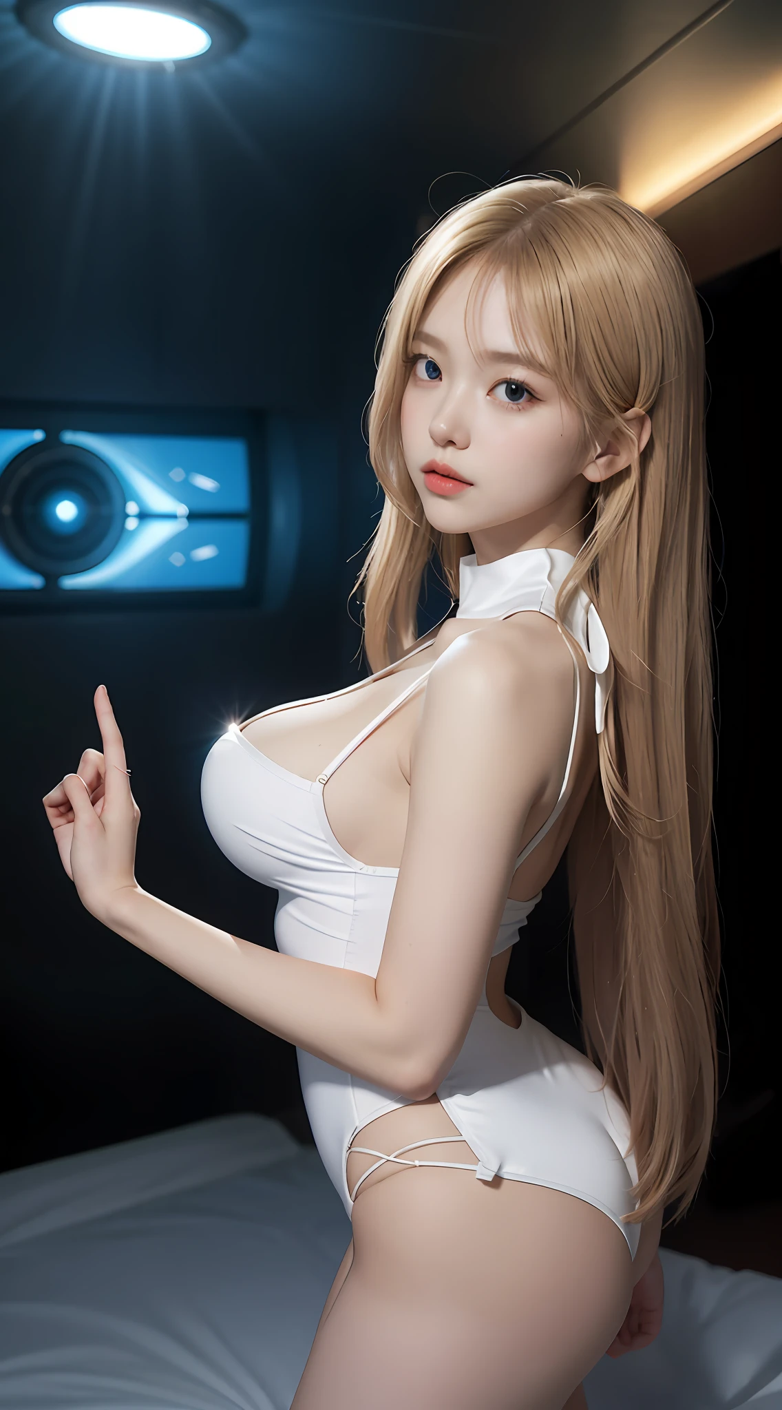 （down view），dynamic angle，ultra - detailed，illustratio，closeup cleavage，Straight Forward，1girll，
 （（souryuu asuka langley，Interface headset，red leotard：1.4，blond hairbl）），Her eyes shone like dreamy stars，（glowing light eyes：1.233），（beautiful and detailed eye：1.1），（face expressionless，Keep your mouth shut），（standing on your feet），
（Mechanical room with tools and spaceship windows in a white spaceship），
（the night：1.2），dream magical， [[Slender fingers and hands：0.55]：：0.85]，（detail finger），（big breasts exposed cleavage）