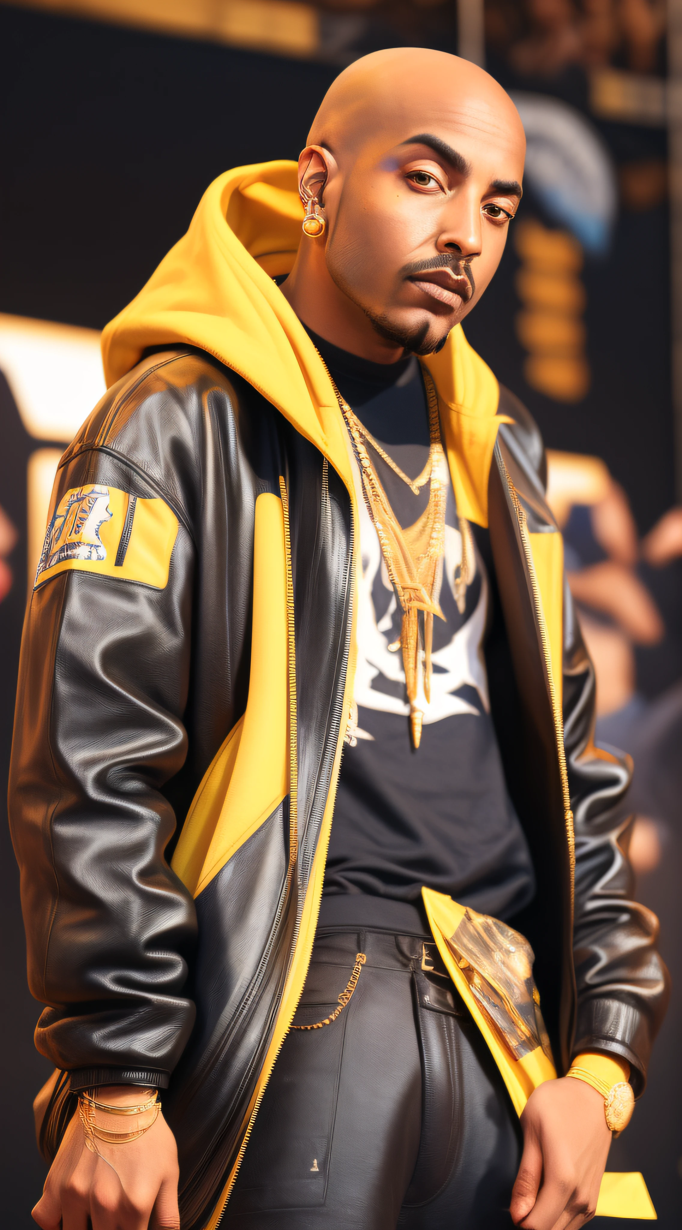1rapper with Bald hair, modern Streetwear Clothing Yellow and Black Animal Print mink Fur Jacket (Virgal Abloh) (H R Gigger), Black hoodie and black cap speaking in a micro, rapper on stage at the festival, rapper, live at lollapalooza, in front of a large crowd, big head on stage, , rap, Chicago, Boston, recognizable, performing
