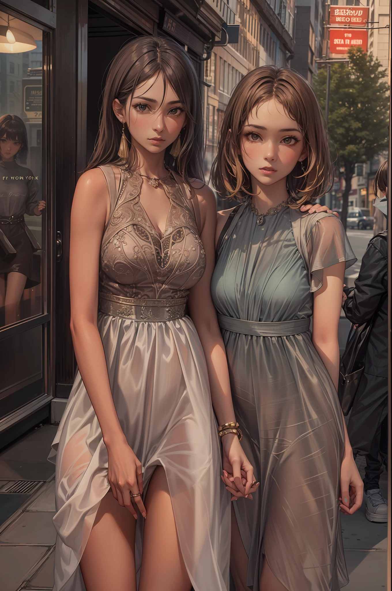 A medium shot of a beautiful young woman and her sister even more impressive. The two are together holding hands strolling down a New York street on a Saturday night on their way to party areas.................