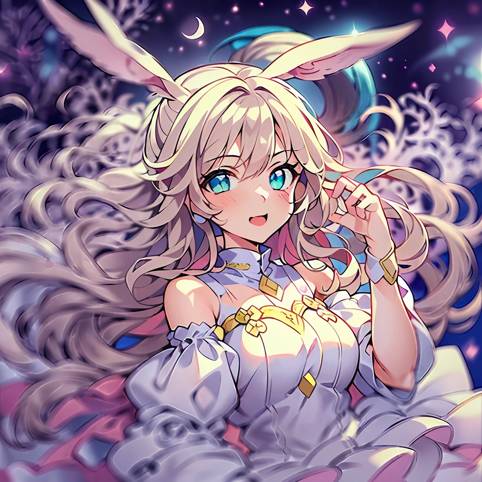 ((masterpiece)), ((best quality)), (ultra-detailed), wallpaper, highest quality, ((an extremely delicate and beautiful)), ((1girl)), (beautiful detailed eyes), cute eyes, elegant pose, (illustration), (dynamic angle), space, white long hair, pony tail hairstyle, dress, not thight clothing, floating in space, detailed backgournd, full body, bunny ear