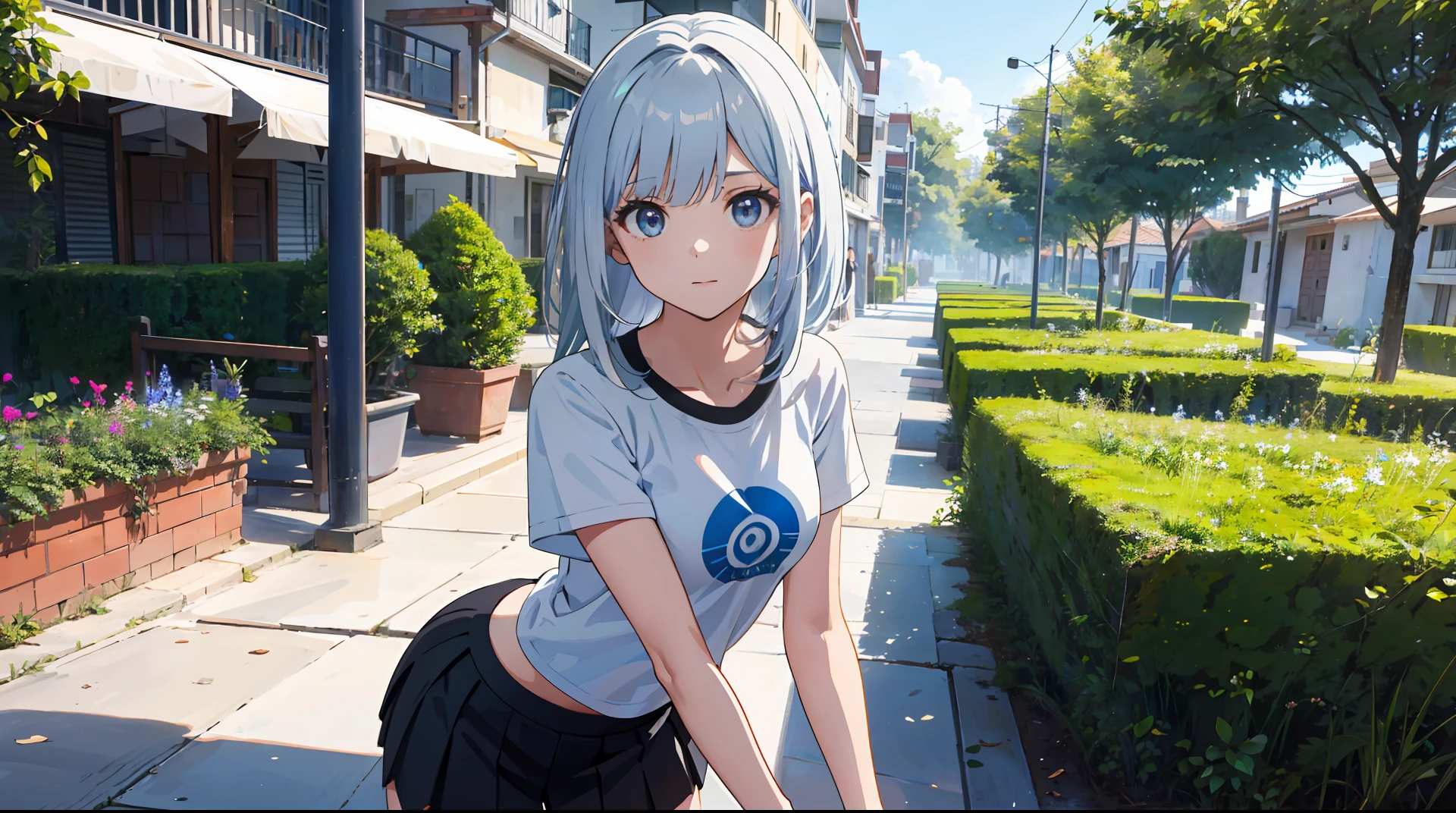 Ultra claro, master part, 1girl, Shapely, cabelos longos, olhos castanhos, tiro de corpo inteiro, black skirt, camiseta azul, Cabelos castanhos escuros, segurando smartphone, Jardim, Cereja, ray tracing, florescer, raio de sol,