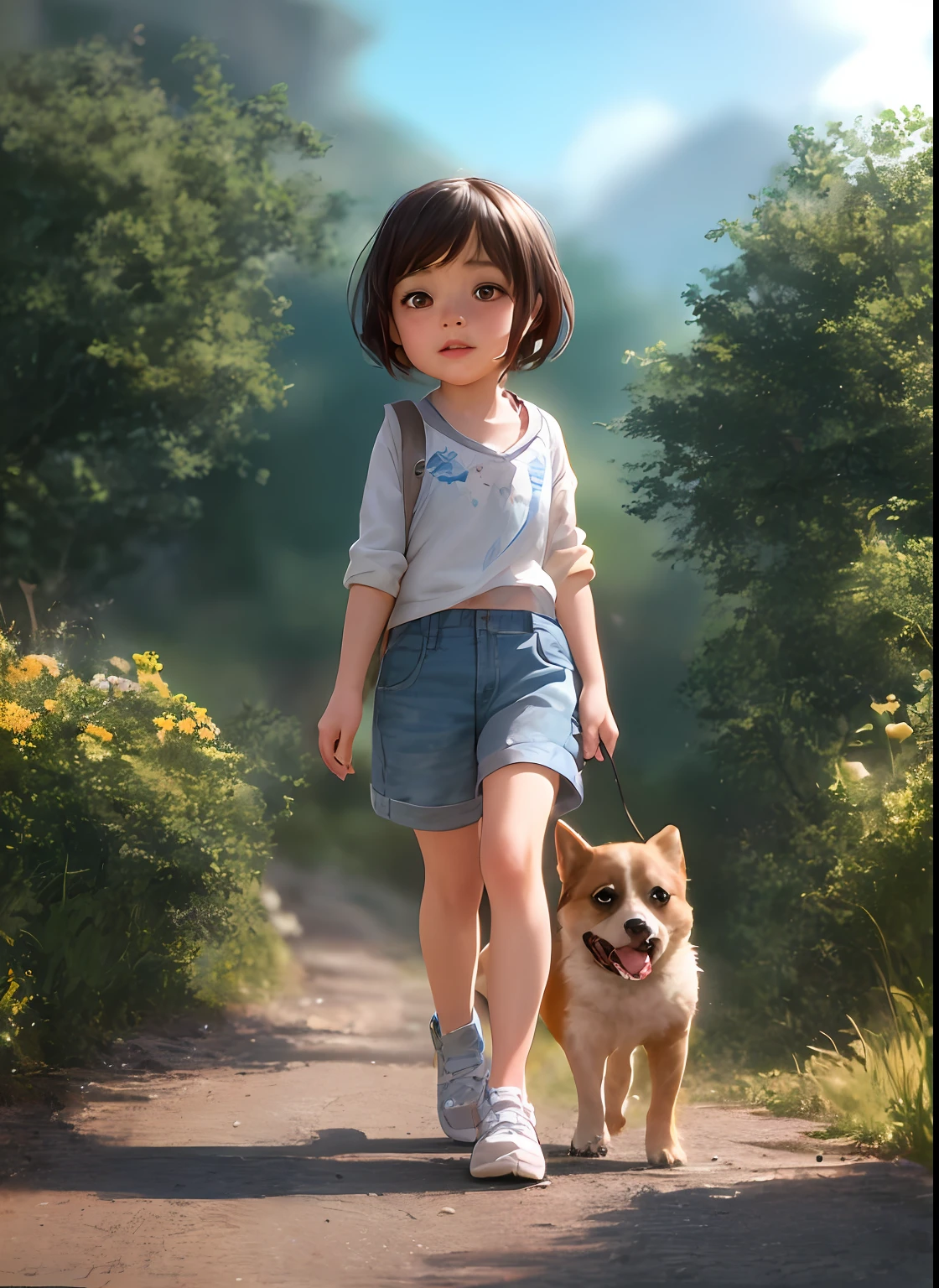 there is a walking a dog on a path, childrens art in artstation, adorable digital painting, atey ghailan 8 k, adventure hyper realistic render, small character. unreal engine 5, cute detailed digital art, by Leng Mei, wojtek fus, artwork in the style of guweiz, render naughty dog, by Zeng Jing