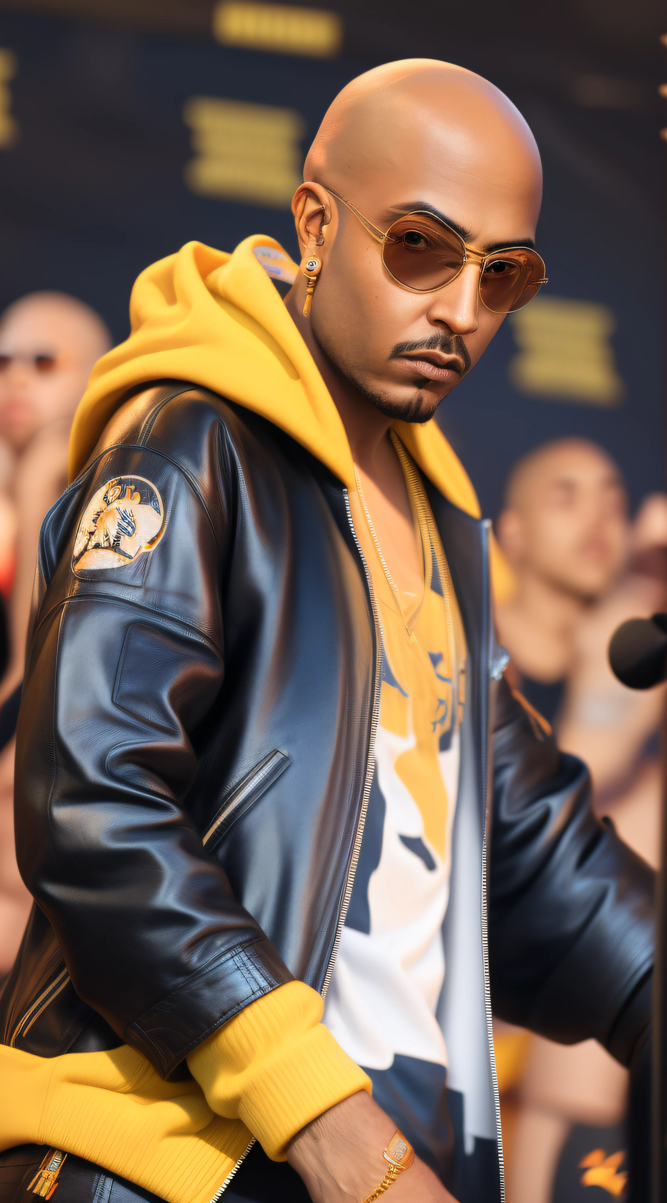 1rapper with Bald hair, modern Streetwear Clothing Yellow and Black Animal Print mink Fur Jacket (Virgal Abloh) (H R Gigger), Black hoodie and black cap speaking in a micro, rapper on stage at the festival, rapper, live at lollapalooza, in front of a large crowd, big head on stage, , rap, Chicago, Boston, recognizable, performing