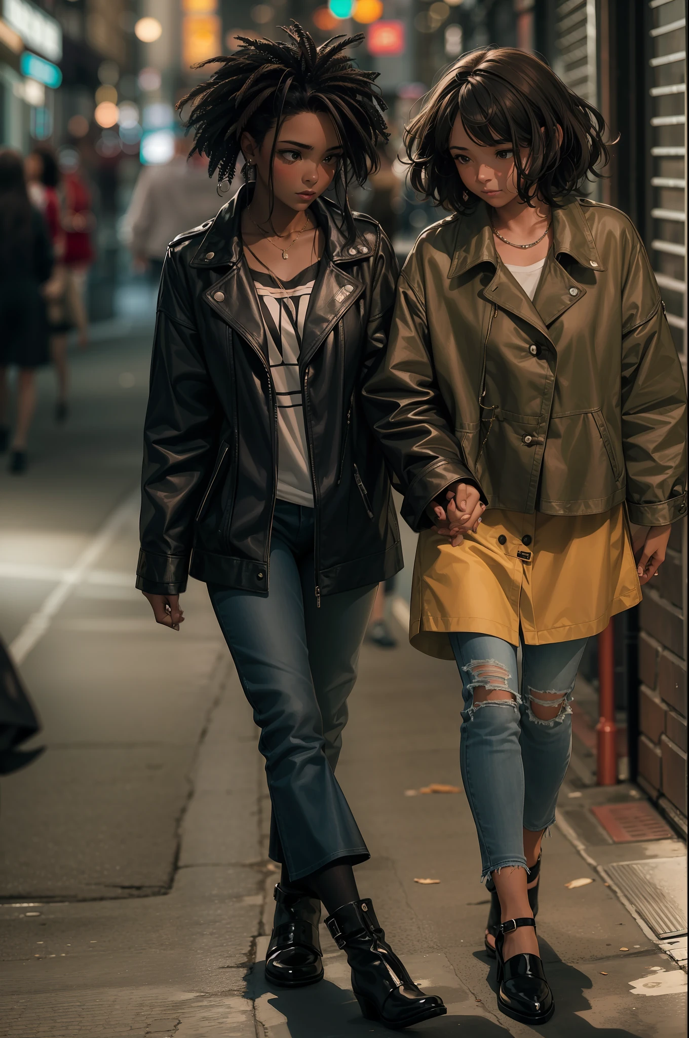 A medium shot of a beautiful young woman and her sister even more impressive. The two are together holding hands strolling down a New York street on a Saturday night on their way to party areas.................