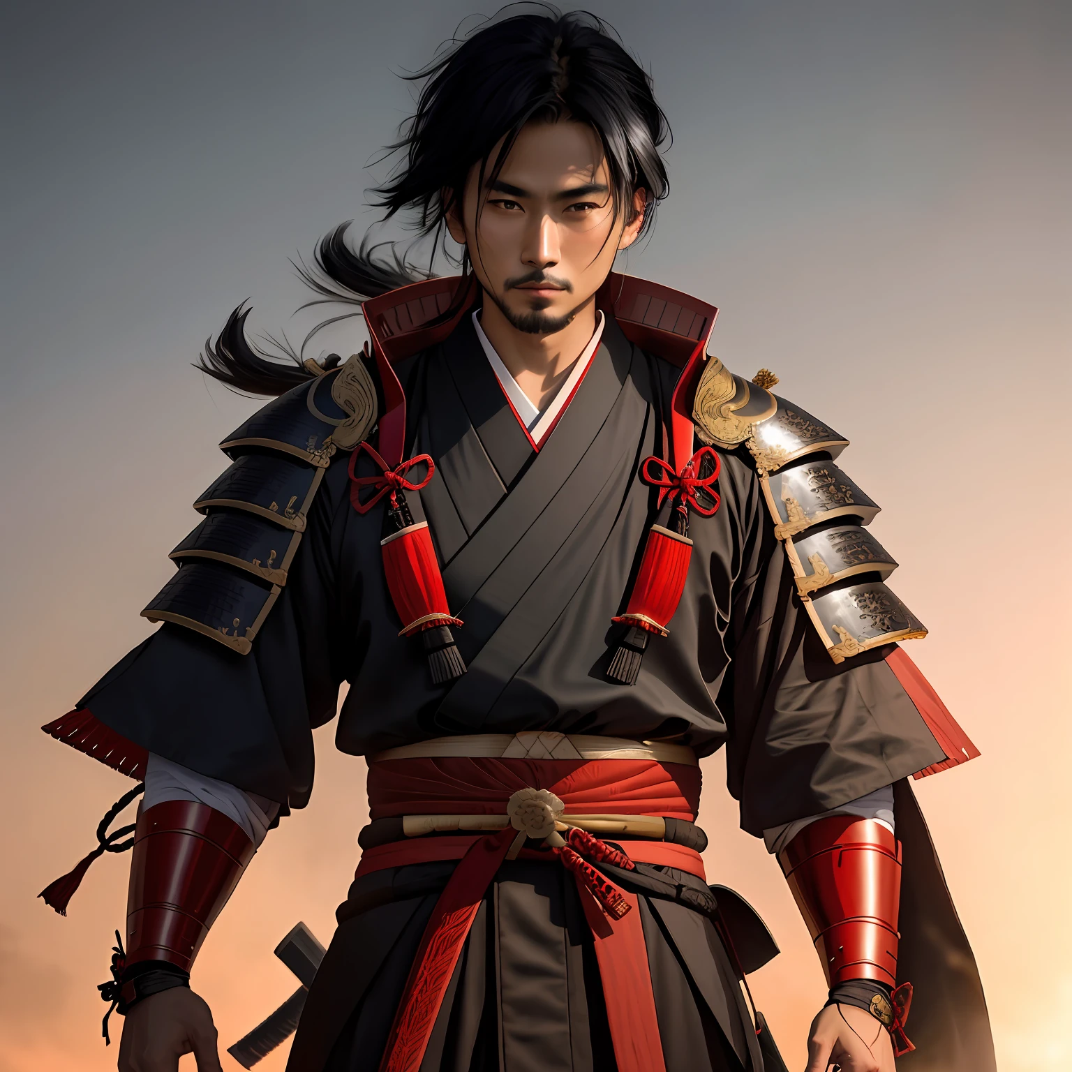 Dressed in black and red,Arad man holding a sword, clothed in old samurai uniform, Samurai clothes, portrait of a samurai warrior, samurai warrior, samurai portrait photo, as samurai, dressed in samurai armour, samurai portrait, samurai portrait, Samurai of Japan, portrait of a cyberpunk samurai, Samurai style, Samurai of Japan