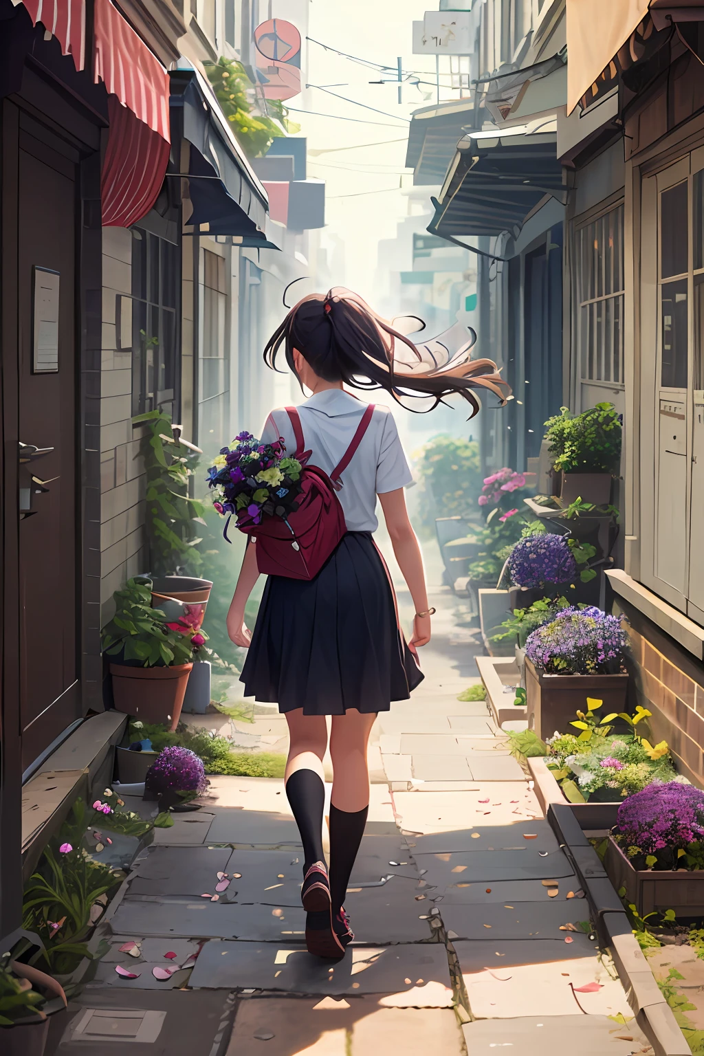 A girl fleeing from a broken city holds clematis flowers