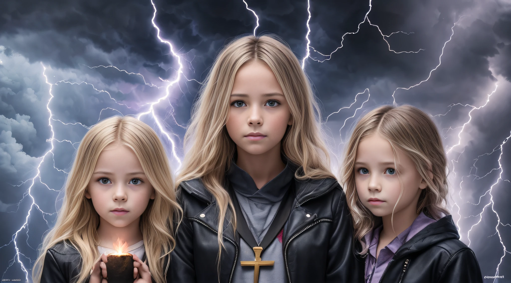 Um meio corpo, Portrait of 3 girls German children long blonde hair of 12 years, jaquetas couro vermelhas, holding in his hands a cross, Image of a large cloud of black smoke and lightning, magic storm and thunder clouds, Dark clouds and lightning, stormy sky with thunders, dark storms with lightning, thunderstorm in the sky, tempestade assustadora, fundo da tempestade, lightning clouds, nuvens tempestuosas escuras, tempestade, Tempo tempestuoso com raios, fundo da tempestade, trovoada ao fundo, fundo da tempestade de raios, Trovoadas