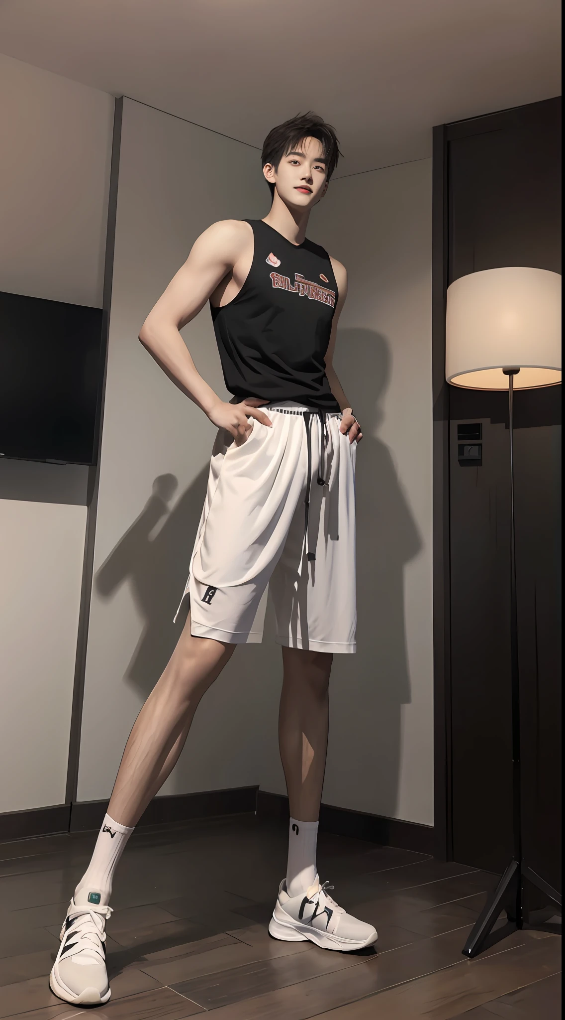 (A lovely Shota:2),(full bodyesbian:2),(Heads-up view),malefocus,looking at viewert, old,(Tall:2),(Tall guy:2),Super tall,der riese,Burly,(Height 300 cm:2),Excellent body proportions,(Slender slender legs:2.5),Slender feet,small heads,(Lovely and pretty:2),(The face of an anime man),(Very detailed beautiful face and eyes:2),(Big bright eyes:1.2),Sharp eyeliner,Clear and beautiful face,with short black hair,(Correct facial features),(tilts your head:1.5),(having fun,grinning smile),(Short sleeves for men:2),shorter pants,Muscle firming,(Wide shoulders and narrow waist:2),Sports men's socks,Basketball shoes,Detailed muscle texture,Highlights muscle structure,Have in the living room,(squatt:4),(full length shoot),Stay away from the lens,Show full body surrealism, (Photorealistic detail), Incredible accuracy, lifelike textures, masterful technique, Jaw-dropping precision, artistic dedication,(anatomy correct),Good lighting,exquisite detailing,Best quality,stunning masterpiece,CG