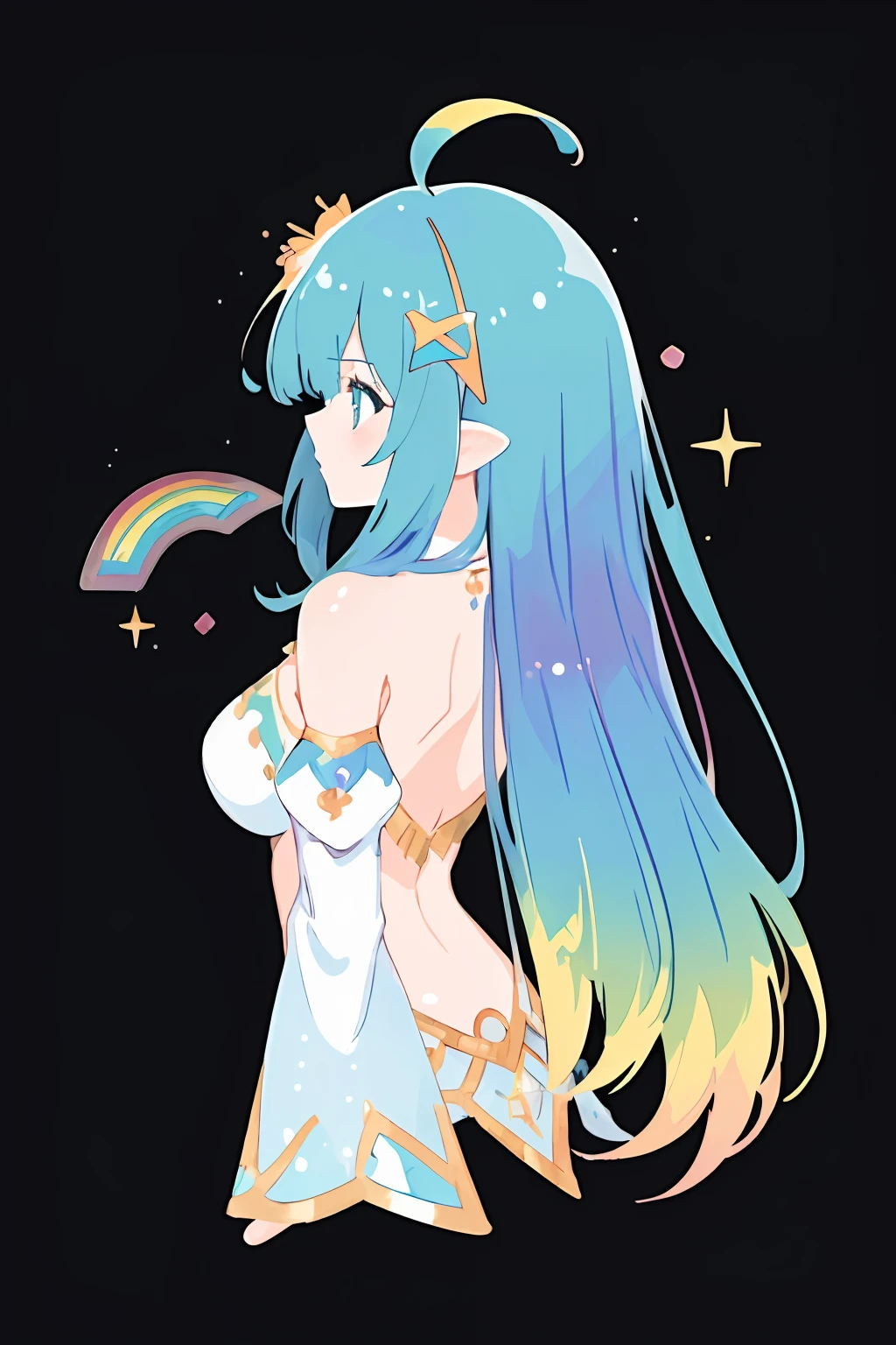 ((extremelydetailedCG)),((8K_Wallpaper)),(((masutepiece))),((top-quality)),watercolor paiting_(Medium),((Beautiful detail starry sky)),both sexes, (((highly detailed back ground))),Princess,very long iridescent hair,from side view,LookingATVIEWER,fullllbody,frilld,(Far from the viewer),((Highly detailed facial)),((Very delicate and beautiful girl)),((extremely detailed cute anime face)),((Very detailed eyes)),(((extra detailed body))),(ultra-detailliert),Illustration,((bare stomach)),((Bare shoulders)),smallbreast,((sideboob barbosa)),((((Floating and rainbow hair)))),(((Iridescence and rainbow hair))),(((Very detailed clothes))),((((Rainbow and iridescent colors)))),(Rainbow colors and rainbow eyes),Beautiful detail hair,Beautiful fece,dramaticangle,(big top sleeves),frilld,blush,(Ahoge)