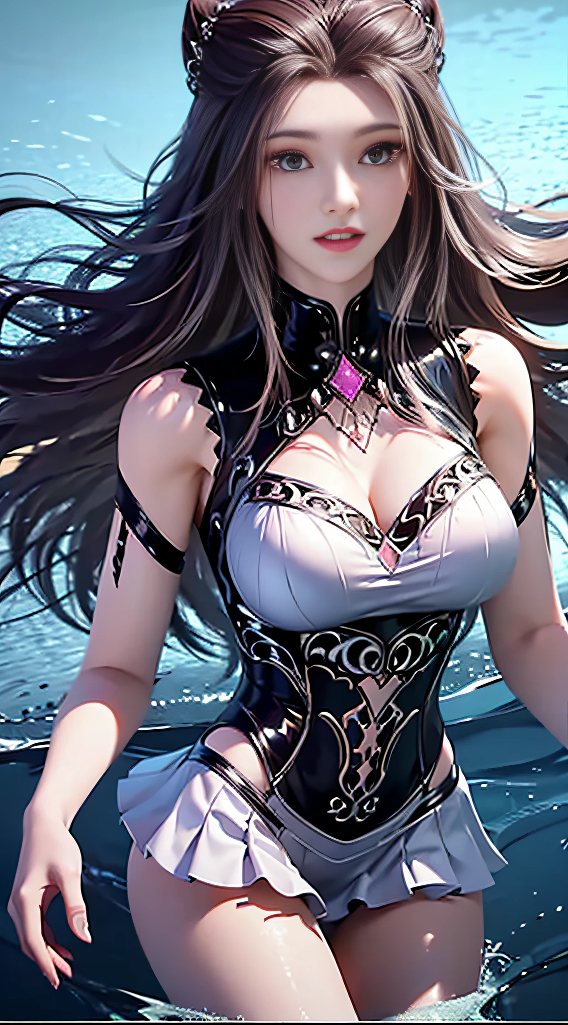 ((Dark light,top-quality,8K,tmasterpiece:1.3)),(In China,Casual theme,exteriors:1.5),stood in the water,(Beauty with slender abs:1.4),((Layered Hair Style)),((White color blouse:1.6)),((Short white lace skirt:1.3)),mediating, Highly Detailed Face and Skin Textur, Whitens the skin,water elemental,ice element,Perfect body proportion,Epic composition,