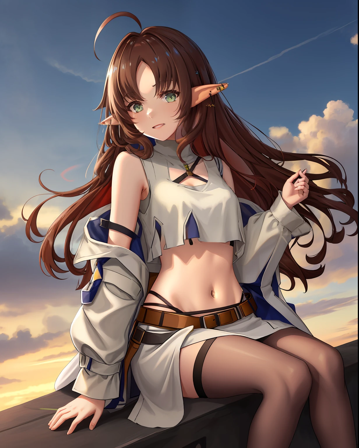 {{{{Arknights,Myrtle}}}},Elf Ears,masterpiece, best quality, masterpiece,best quality,official art,extremely detailed CG unity 8k wallpaper, girl, solo, ****, ***********, ****, medium hair, hair over shoulder, brown hair, {red hair}, [light brown hair], ahoge, bob cut, crossed bangs, disheveled hair, parted bangs, long bangs, cute face, pointy ears, green eyes, small breasts, bare_shoulders, crop top, sleeveless shirt, detached_sleeves, swimsuit,