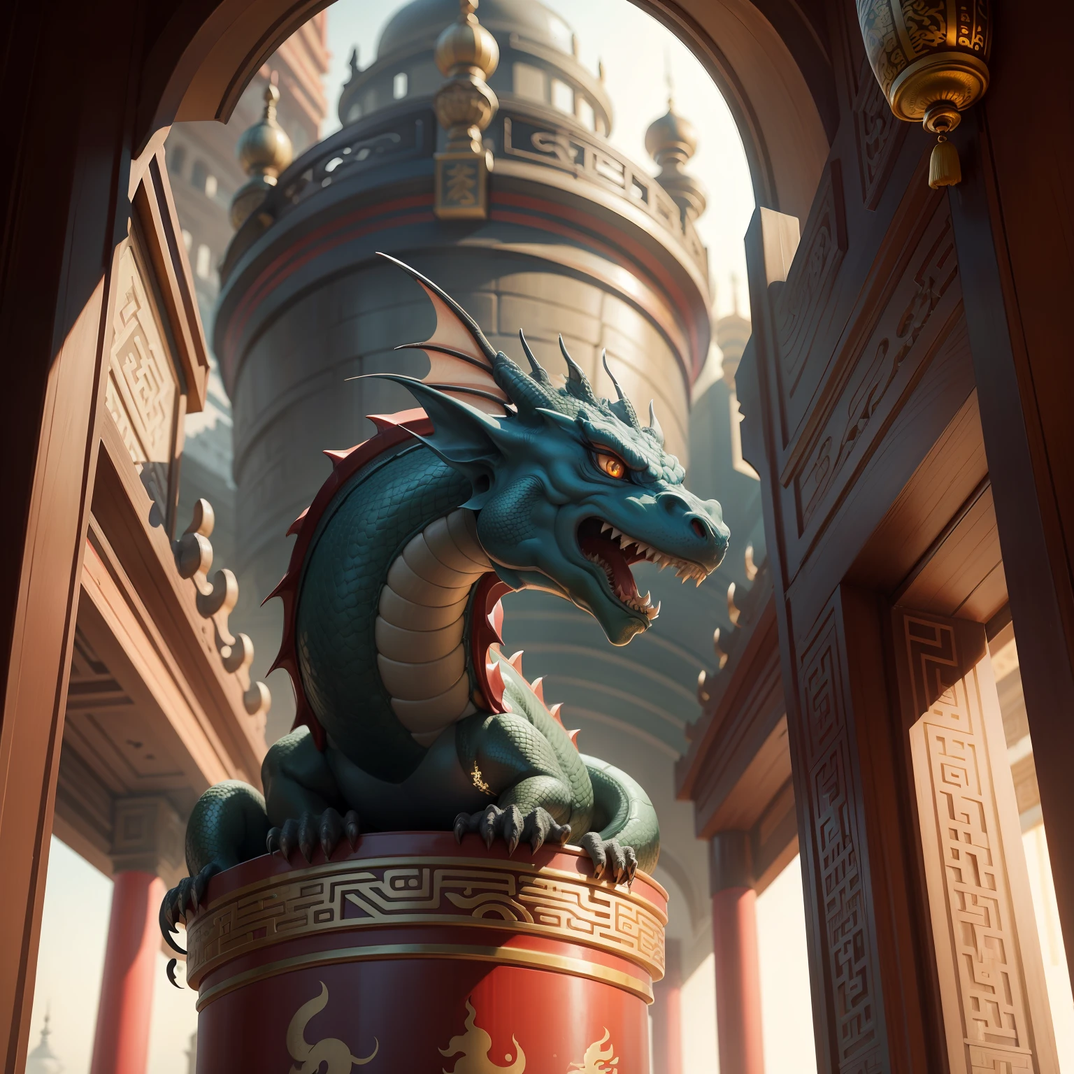 An oriental dragon coiled around a Chinese watch column,Behind it is the palace