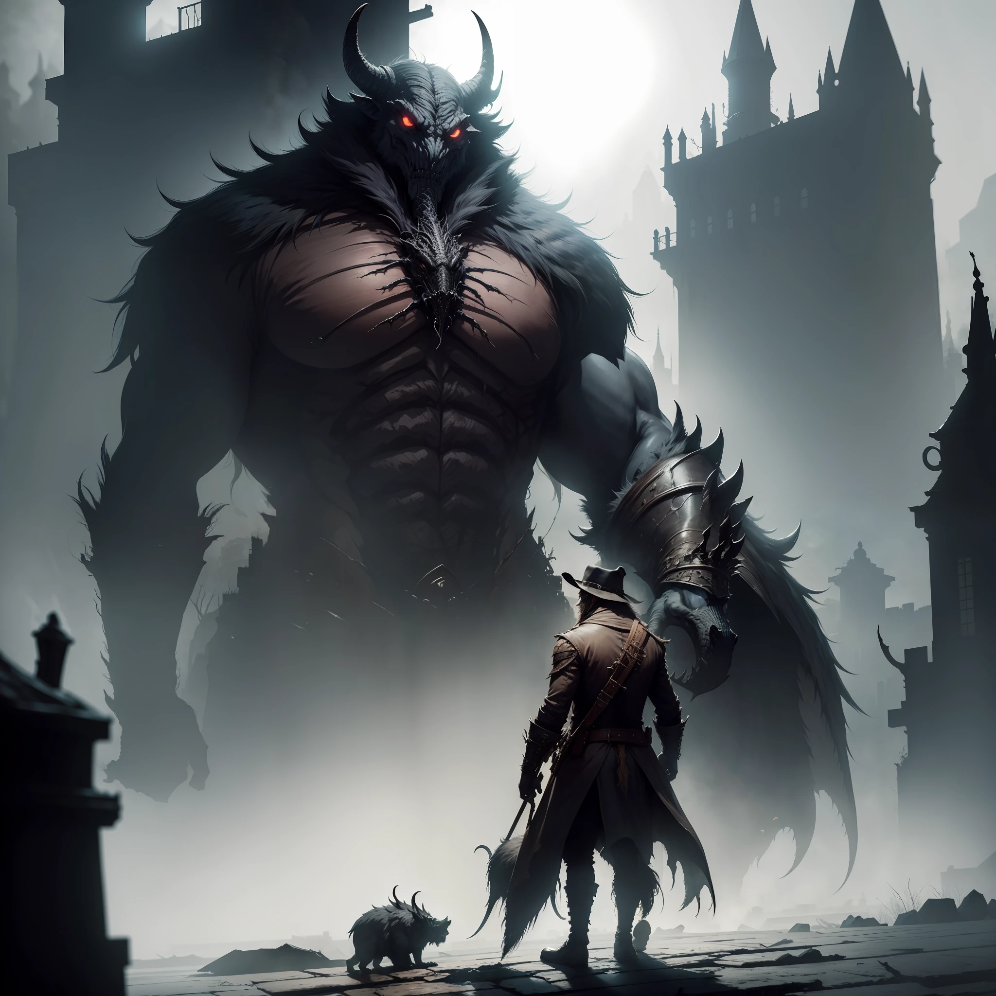 Yharnam city, hunter in hunter attire, great old one, beast, figthing, great composition, trending on DeviantArt
