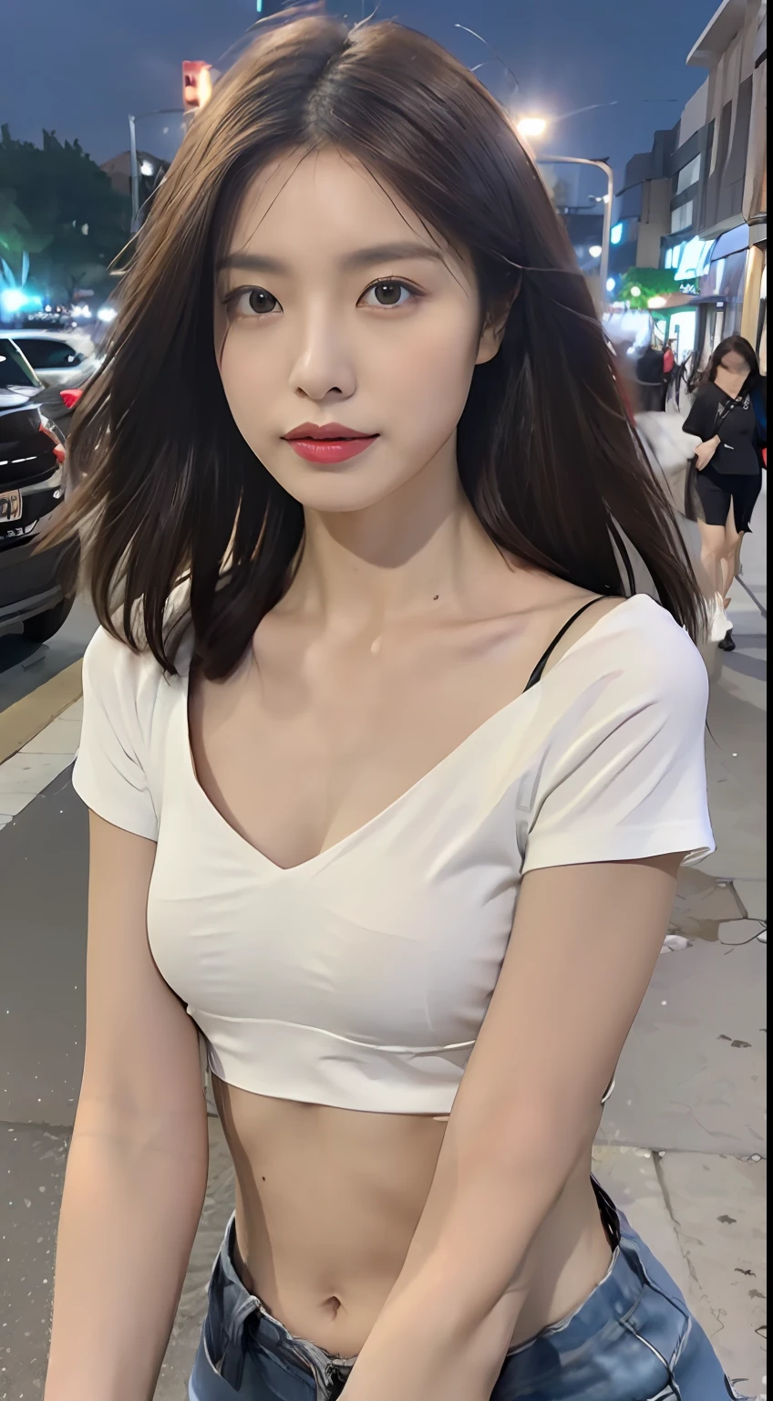 ((Realistic lighting, Best quality, 8K, Masterpiece: 1.3)), Clear focus: 1.2, 1girl, Perfect Figure: 1.4, Slim Abs: 1.1, ((Dark brown hair)), (White crop top: 1.4), (Outdoor, Night: 1.1), City streets, Super fine face, Fine eyes, Double eyelids,