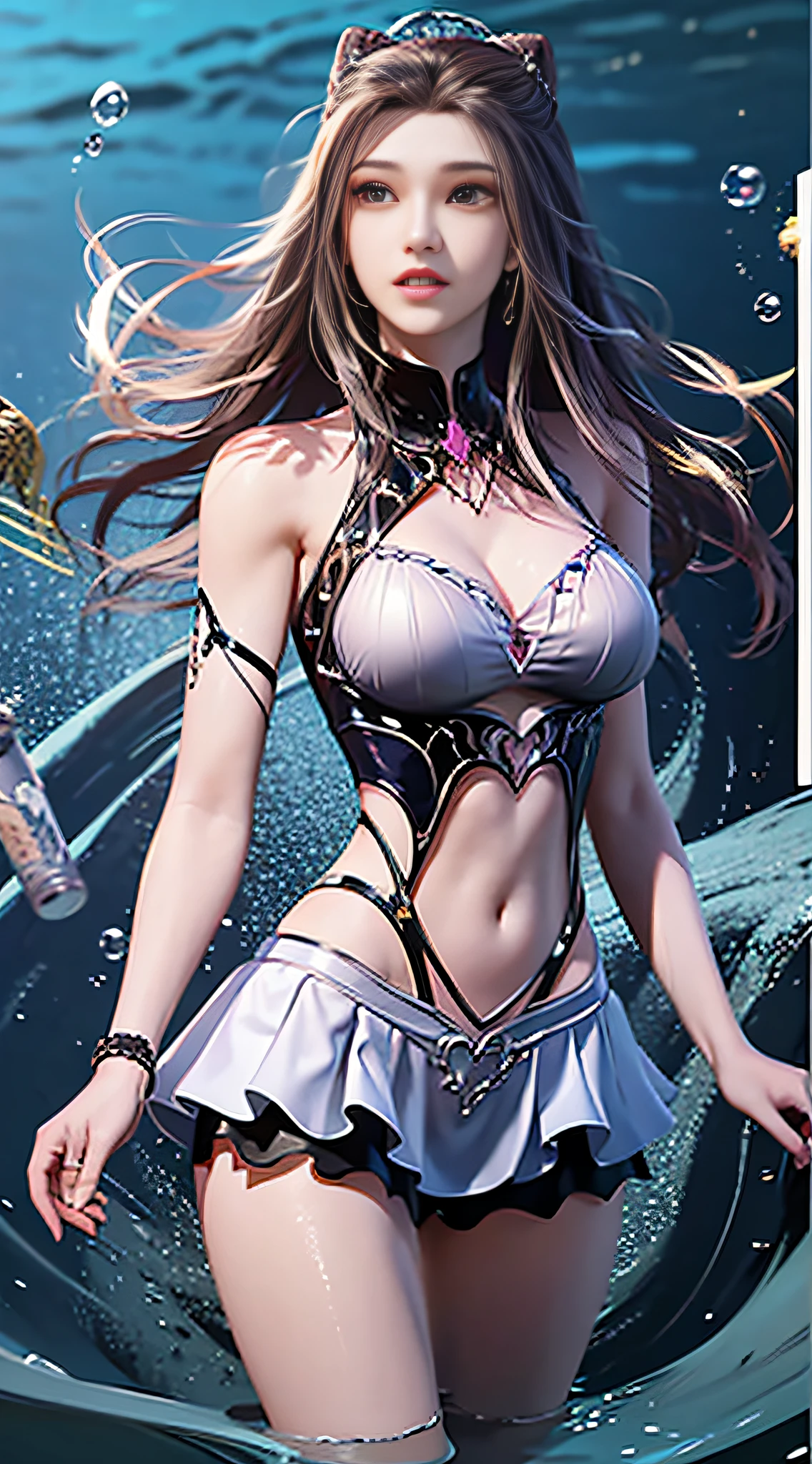 ((Dark light,top-quality,8K,tmasterpiece:1.3)),(In China,Casual theme,exteriors:1.5),standing underwater,(Beauty with slender abs:1.4),((Layered Hair Style)),((White color blouse:1.6)),((Short white lace skirt:1.3)),anatomy correct, Highly Detailed Face and Skin Textur, Whitens the skin,water elemental,ice element,Perfect body proportion,Epic composition,