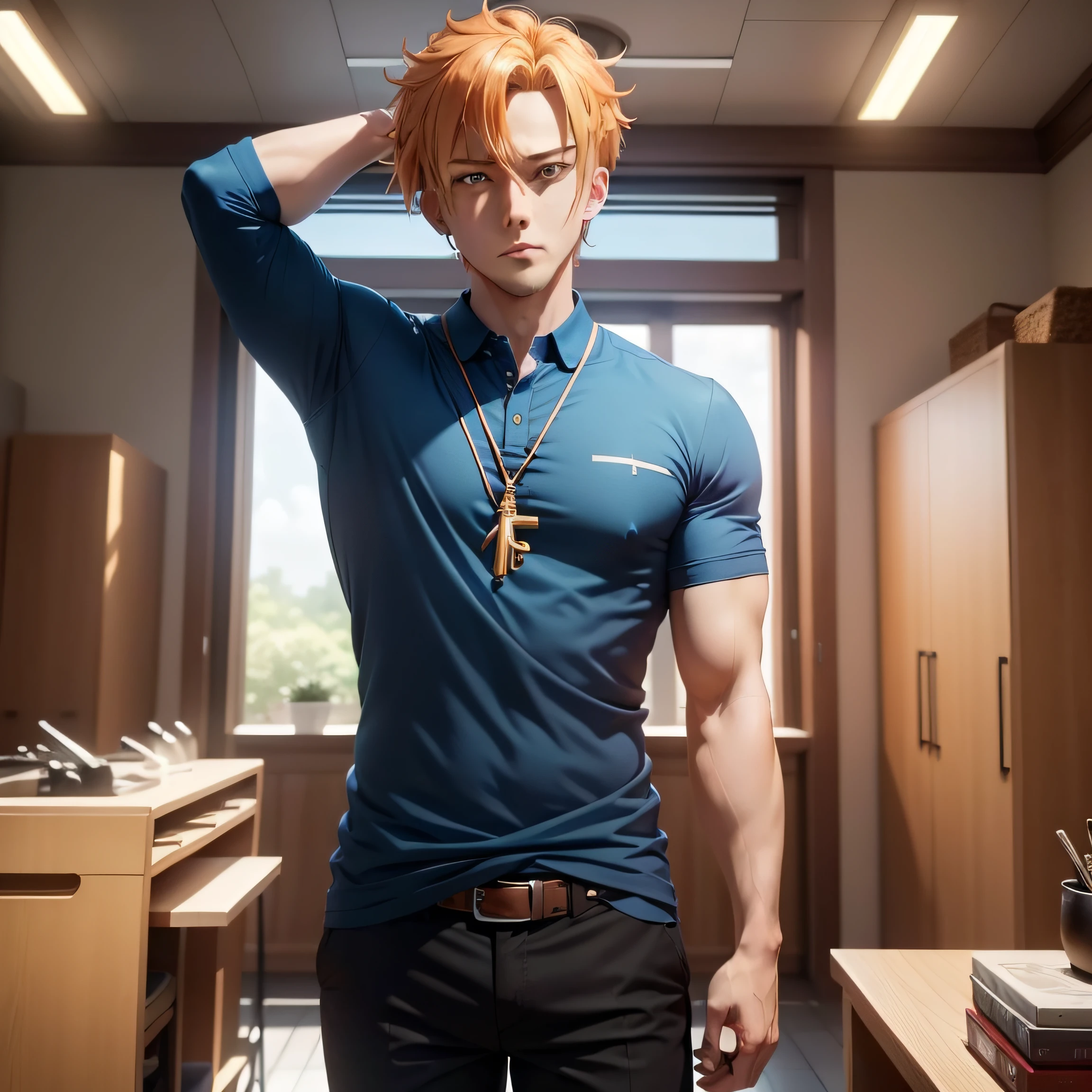 Blonde hair and blue shirt,Handsome anime boy, Alicization, in the anime film, Today's featured anime stills, screenshot from the anime film, offcial art, official anime still, official studio anime still, Arms spread wide, Orange hair anime boy, key anime visuals, 8K, animated still, Official anime artwork,tmasterpiece, Best quality at best,Complicated details,wide wide shot,Handsome and delicate and charming face