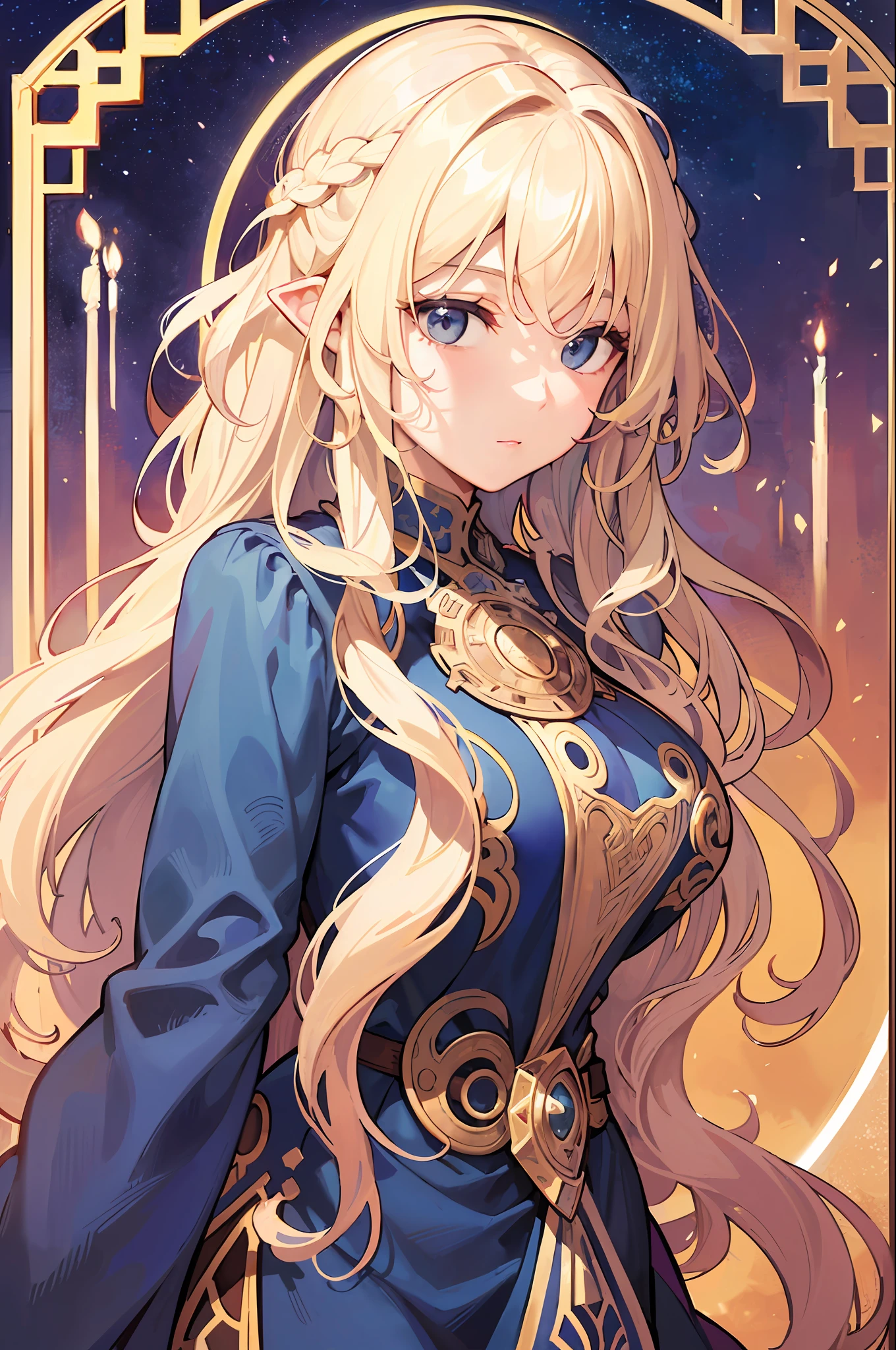 Portrait of a woman face in medieval Europe、Curly long hair、a blond、Wind Frame、Decorative panel、abstract art、By Alphonse Mucha (masterpiece、top-quality、hight resolution: 1.4)、detaileds、intricate-detail、4K、color splashes、line-drawing、Fibonacci、