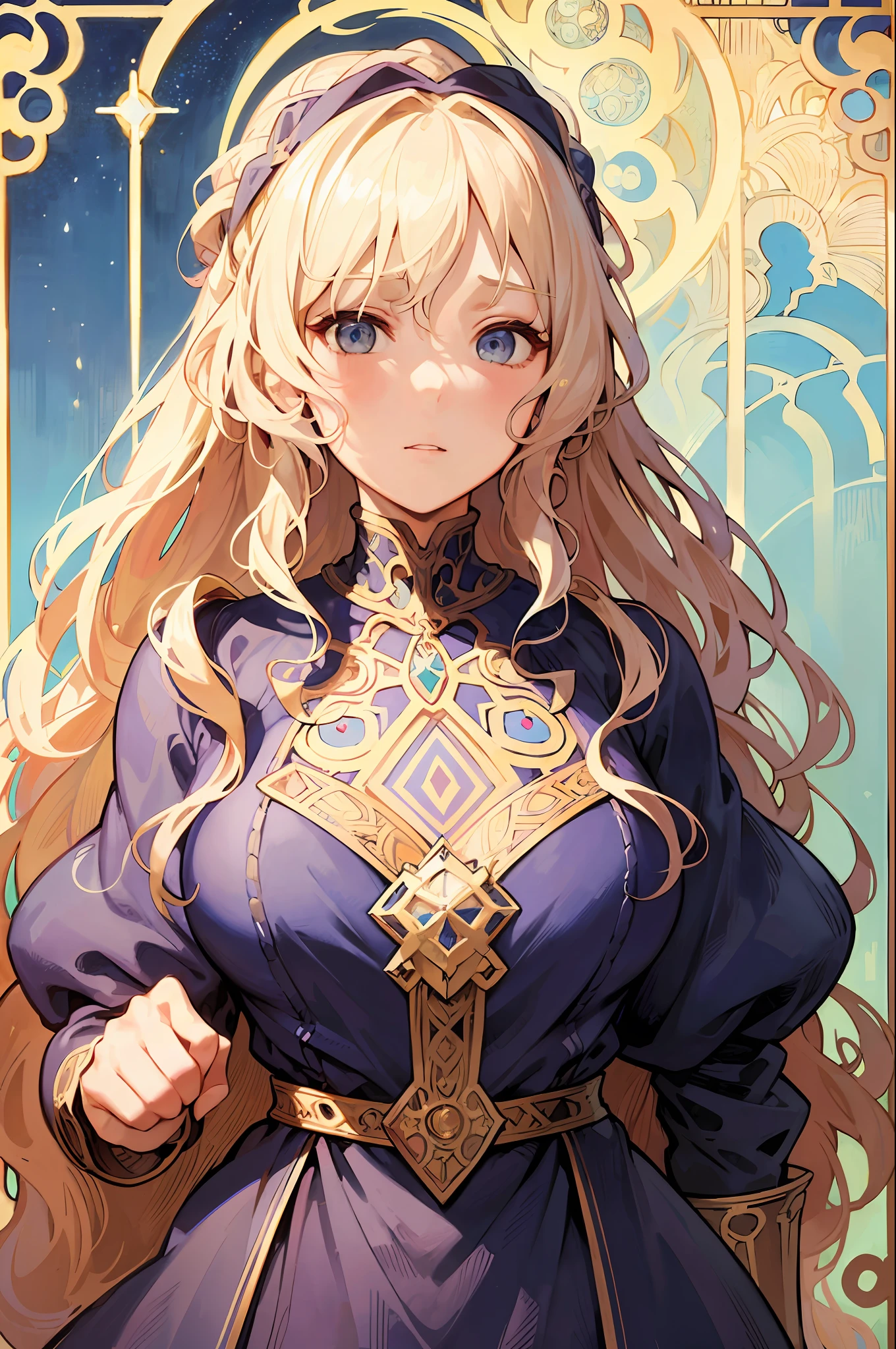 Portrait of a woman face in medieval Europe、Curly long hair、a blond、Wind Frame、Decorative panel、abstract art、By Alphonse Mucha (masterpiece、top-quality、hight resolution: 1.4)、detaileds、intricate-detail、4K、color splashes、line-drawing、Fibonacci、
