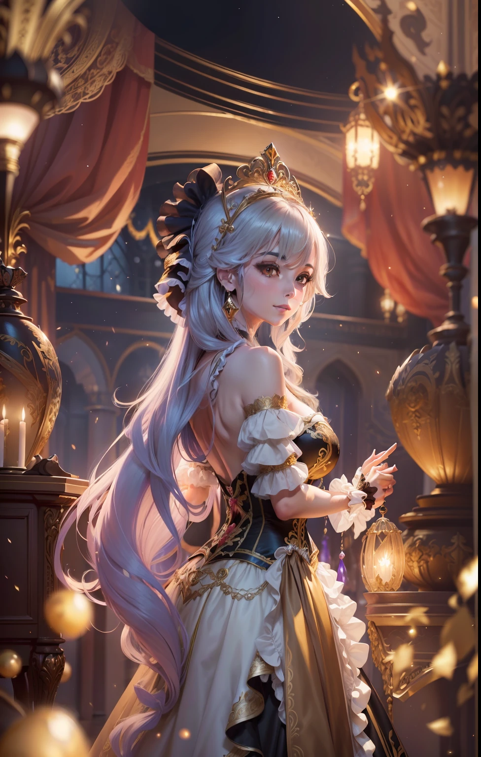 ((anime moe artstyle)),(((Masterpiece))), ((Best Quality)), ((Super Detail)), (Illustration), (((Very Delicate and Beautiful))),Dynamic Angle,Looking at viewer,((((Solo)))),((1 arrogant lady)),(a beautiful fantasy arrogant empress),(((Full body))),Standing,royal elegant pose,((dominant pose)),(arrogant),((haughty smile)),Purple eyes,(Sharp eyes),Detailed Face, Long Eyelashes,(Jet Black Hair),(Straight Hair),(((Very Long Hair))),Bangs between eyes, ((((gigantic breasts)))),cleavage,(skindentation),curvy,(rococo ball gown with gorgeous embroidered black and gold ruffles),(gorgeous embroidered black and gold ruffled rococo ball gown),(fluffy Black and gold ballgown with gorgeous embroidery),corset,((hoop skirt)),princess dress with lots of jewels,((gorgeous embroidery)),(gold trim),((crinoline)),opera gloves,finely decorated jeweled tiara, gem earrings,finely decorated necklace,Beautifully jeweled ornaments,indoor,royal ballroom,light particles,