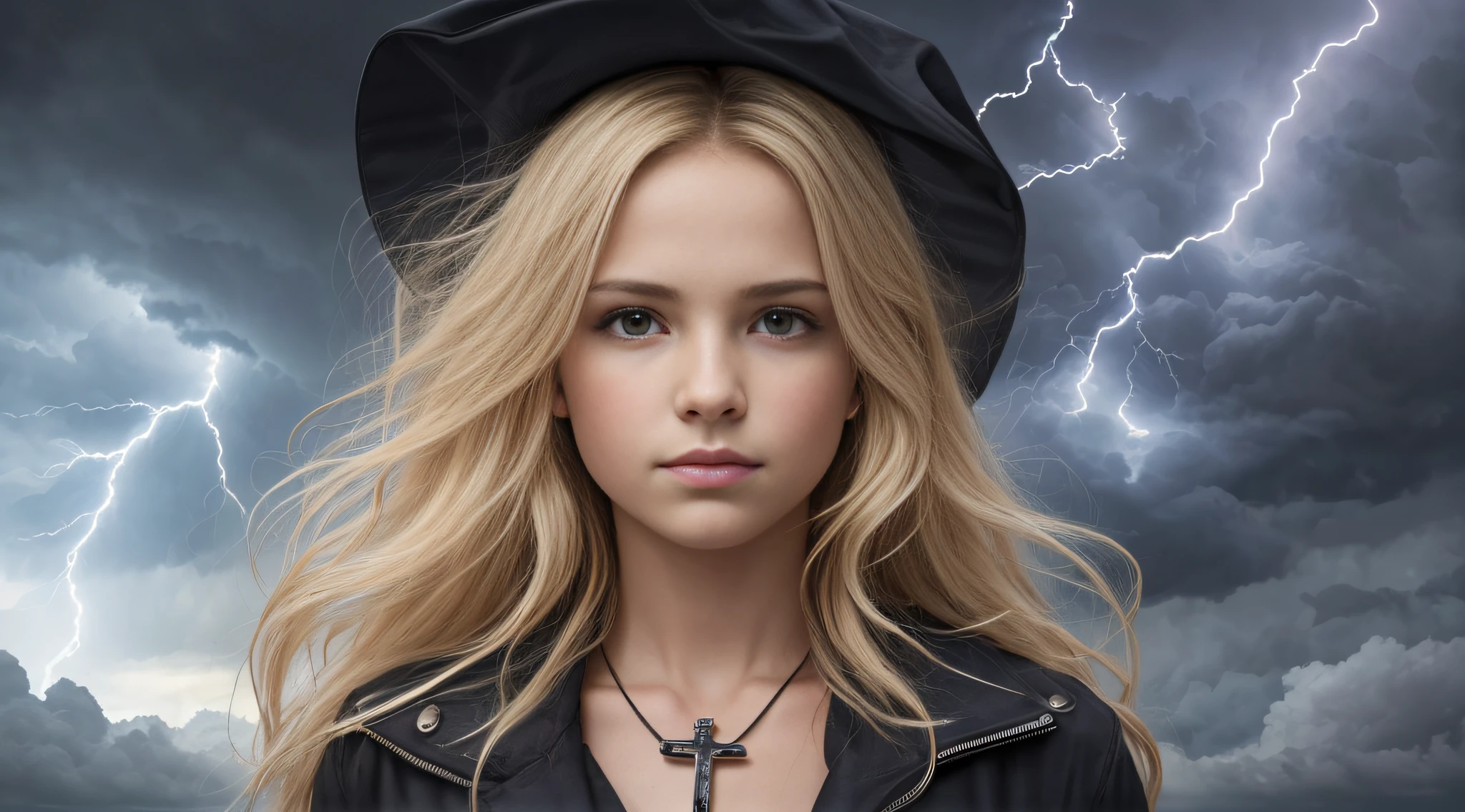 Um meio corpo, Portrait of 3 girls German children long blonde hair of 12 years, jaquetas couro vermelhas, holding in his hands a cross, Image of a large cloud of black smoke and lightning, magic storm and thunder clouds, Dark clouds and lightning, stormy sky with thunders, dark storms with lightning, thunderstorm in the sky, tempestade assustadora, fundo da tempestade, lightning clouds, nuvens tempestuosas escuras, tempestade, Tempo tempestuoso com raios, fundo da tempestade, trovoada ao fundo, fundo da tempestade de raios, Trovoadas