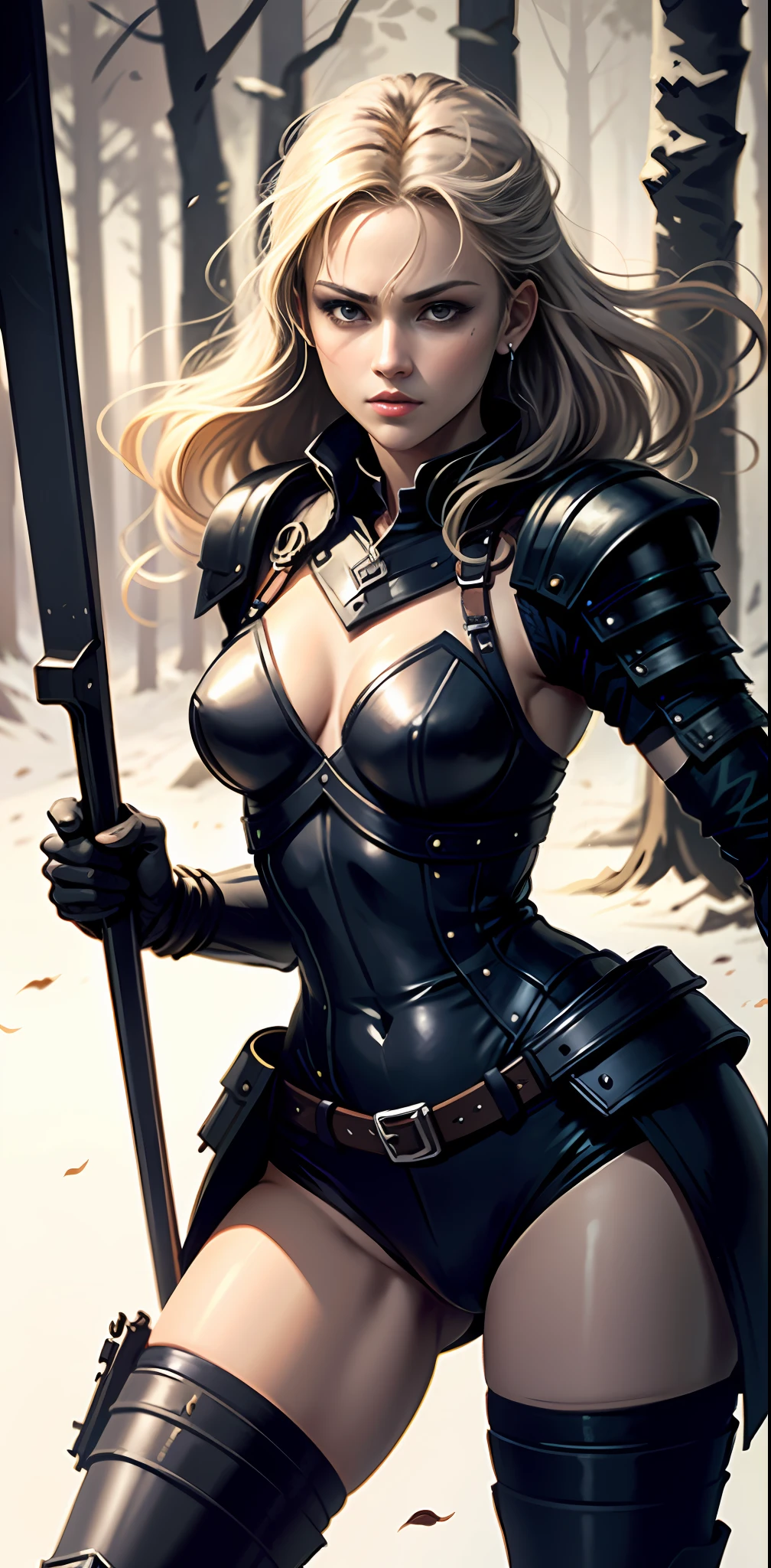 (Manhwa Style),(Line art:2)Delicate and neat,(1girll:1.3),(tmasterpiece,top-quality,best qualtiy),extremely detailed background,well-composed,Good anatomy,Perfect litthing,Good shadows,Zen calligraphy,(Realistis:1.3),The lines are intricate,The colors are naturally soft,Viking female warrior in armor,Fight a group of barbarians in the forest,The battle was fierce