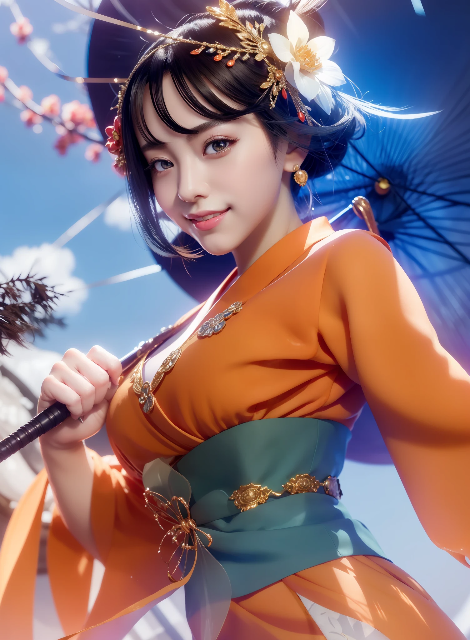((Best Quality, 4K, Masterpiece: 1.3)), (Detailed: 1.4), Reality, 1girl, a close up of a woman holding a umbrella and a hair ribbon, inspired by Pu Hua, extremely detailed artgerm, style artgerm, onmyoji detailed art, artgerm detailed, onmyoji, ! dream artgerm, onmyoji portrait, Big Breast, Huge Breast, Big Smile, perfect smile, beauty smile, perfecteyes, beauty eyes, big eyes, a woman with kimono Orange and obi, 4K, HD, Ultra Realistic, extremely detailed, tfft