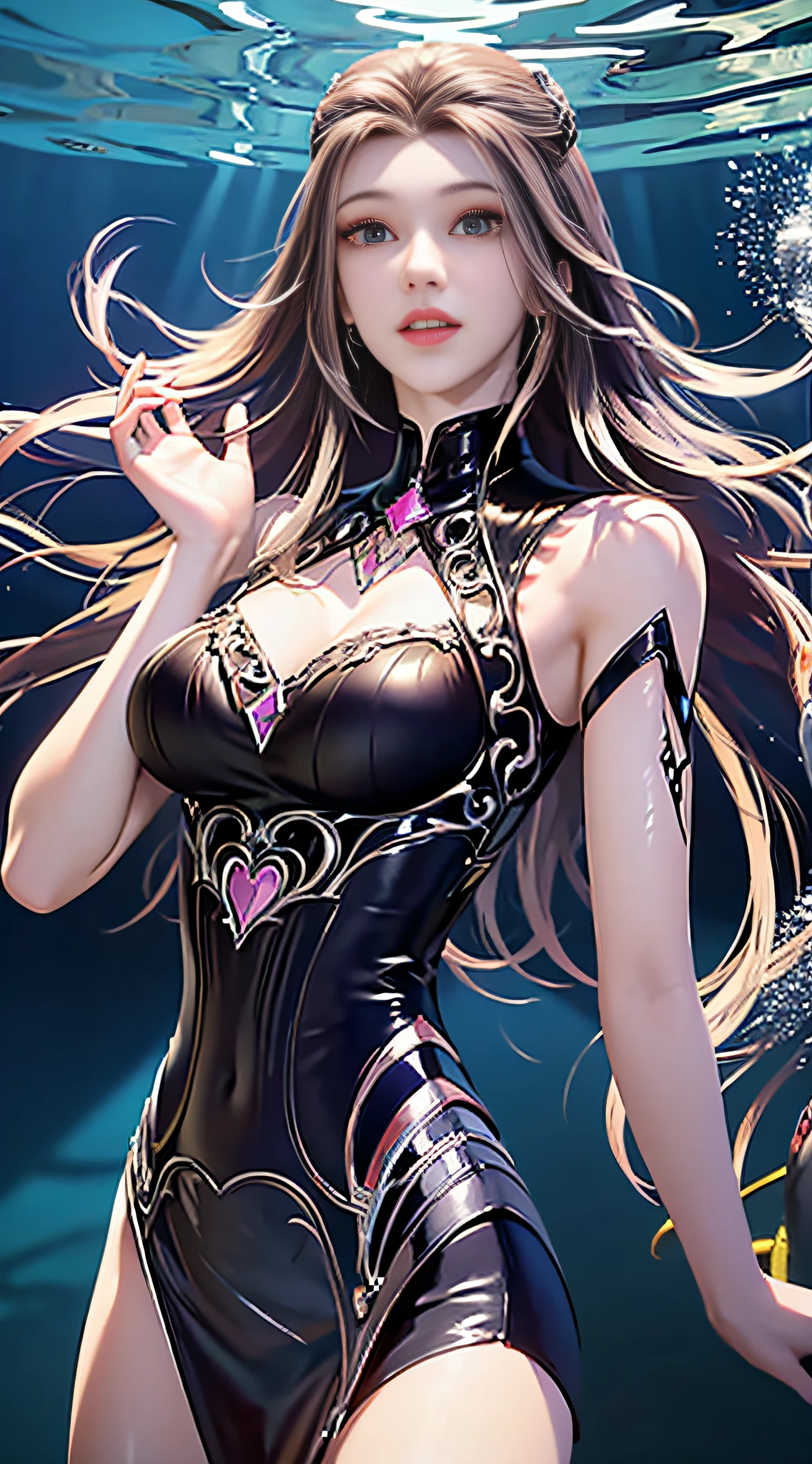 ((Dark light,top-quality,8K,tmasterpiece:1.3)),(In China,Casual theme,exteriors:1.5),standing underwater,(Beauty with slender abs:1.4),((Layered Hair Style)),((White color blouse:1.6)),((Short white lace skirt:1.3)),anatomy correct, Highly Detailed Face and Skin Textur, Whitens the skin,water elemental,ice element,Perfect body proportion,Epic composition,