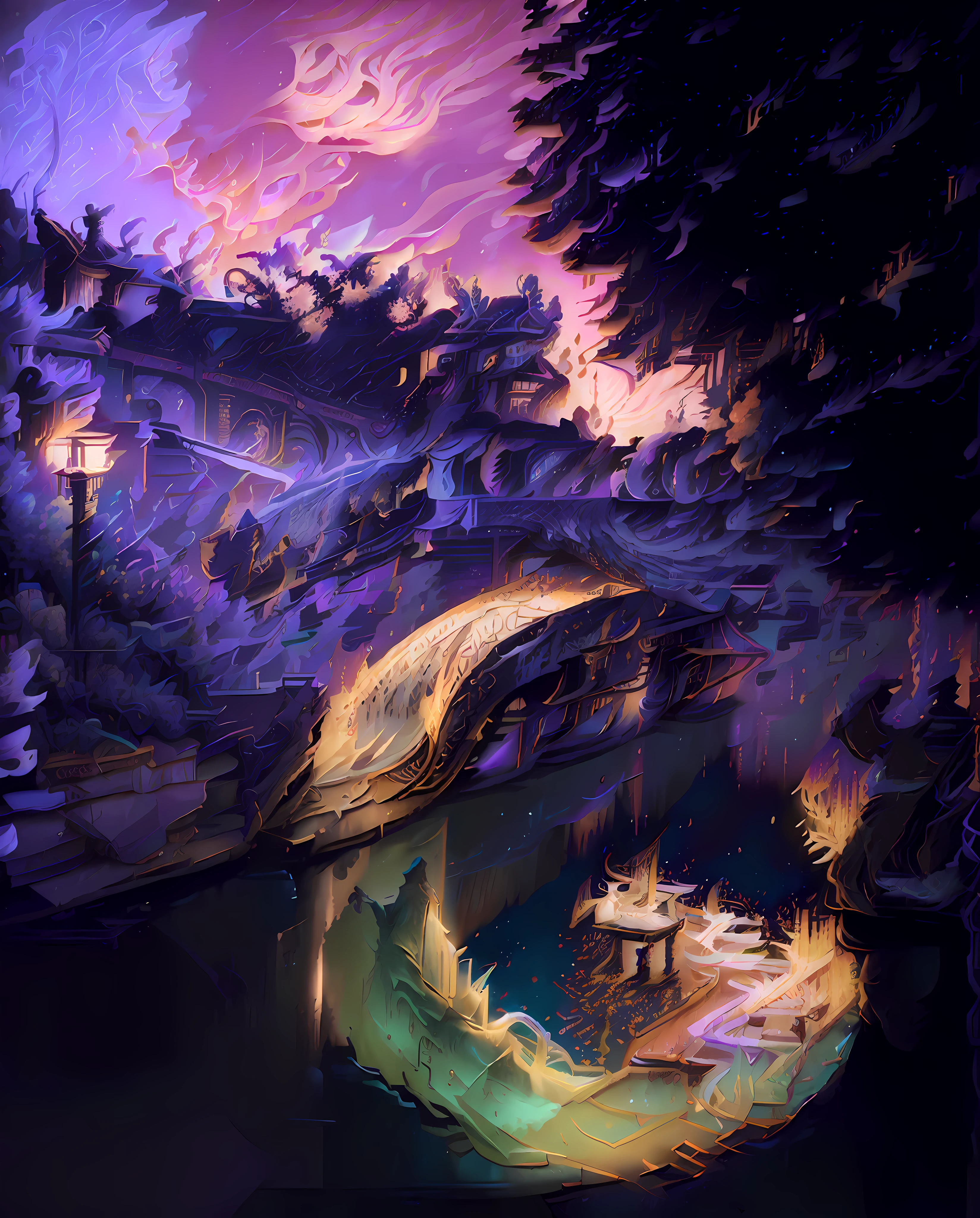 arafed bridge over a river with a light on it, by Patrick Ching, by Shen Che-Tsai, mesmerizing, golden hour in beijing, curved bridge, canals, early evening, canal, beautiful and aesthetic, in the evening, beautiful aesthetic, late evening, vibrant aesthetic, by Victor Wang, ( visually stunning, hdr photography, by Gang Hui-an