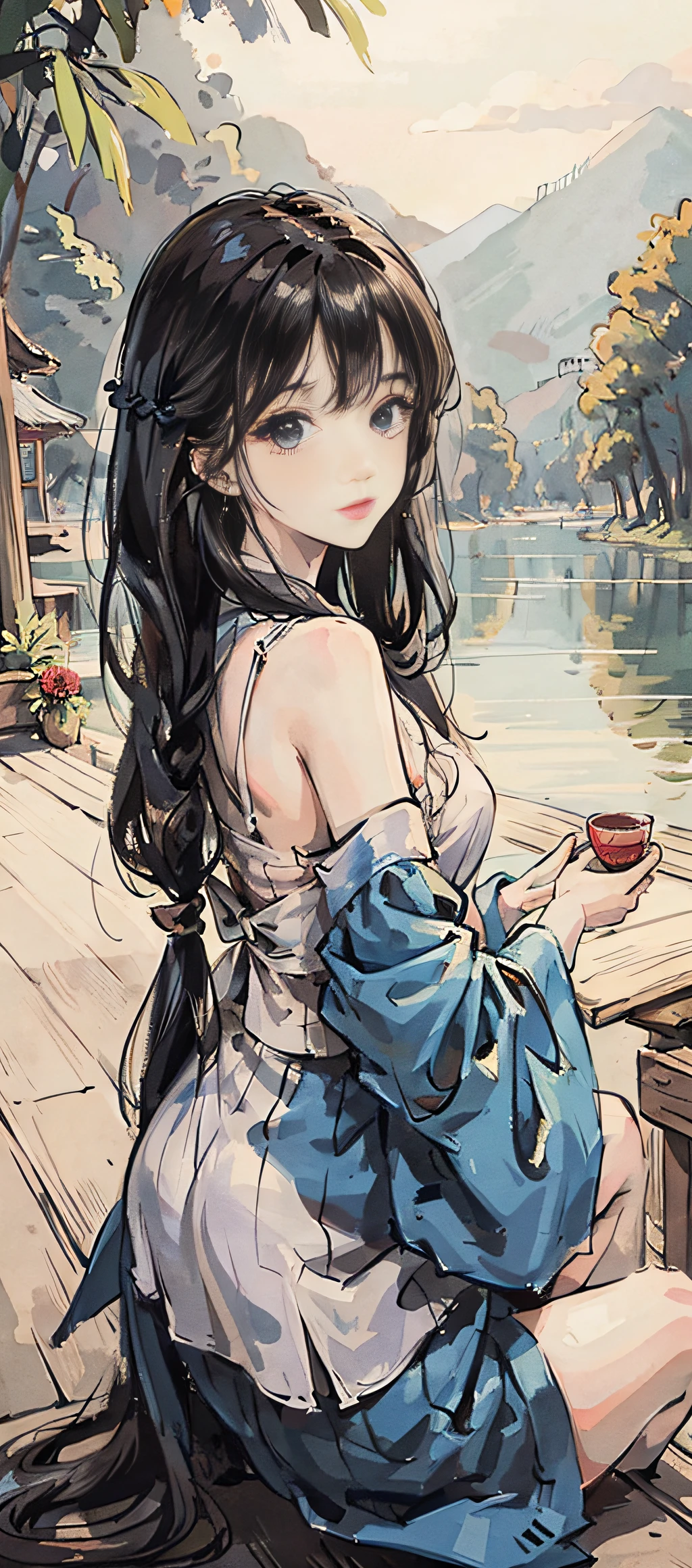 masterpiece, best quality, official art, 8k wallpaper, highly detailed, illustration, 1 girl, Azure hair, long hair, detailed eyes, forrest, bare shoulders, hanfu,lakes, pure, soft smile,bamboo,Tea