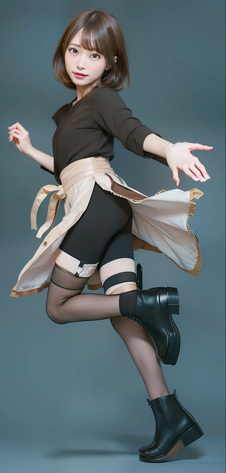 Masterpiece, highest quality, high resolution, interior, detail maniac, high definition, high quality, detailed face, detailed body limbs, detailed five fingers, 1girl, solo, rin nohara, short hair, brown hair, brown stocking, face smile