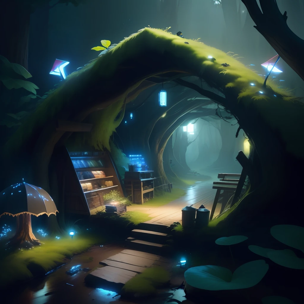 Film and television concept style，Scene atmosphere map，Forest at night，There is a small shop in the distance，dim murky lights，Ultra-detailed details，8K，Epic composition，air perspective，smooggy