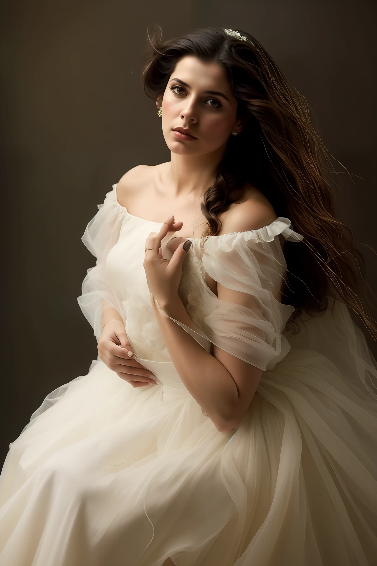 mulher arafed em um vestido branco sentado em uma cadeira, inspirado em Annie Leibovitz, Em estilo de Paolo Roversi, inspired by Anna Füssli, fotografia de retrato fine art, retrato editorial, inspirado em Willem Kalf, Aninha Liebovitz, Inspirado em Irakli Nadar, Retrato de Glamour, inspirado em Pierre Auguste Cot
